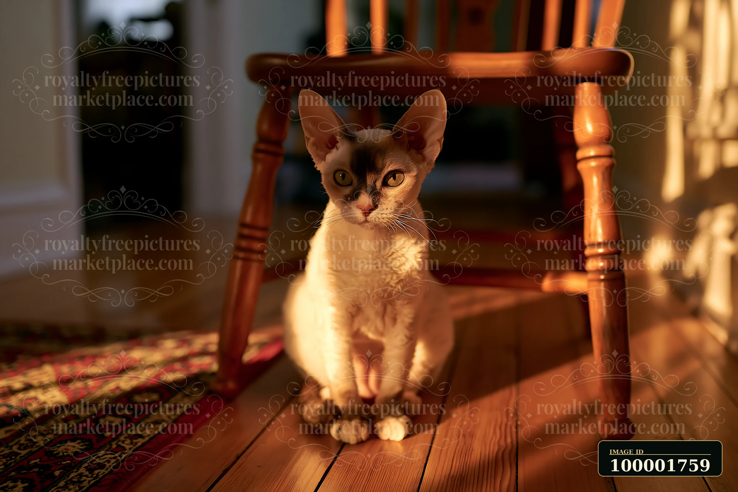A Devon Rex cat with large ears sits on a wooden floor in warm light during the evening.