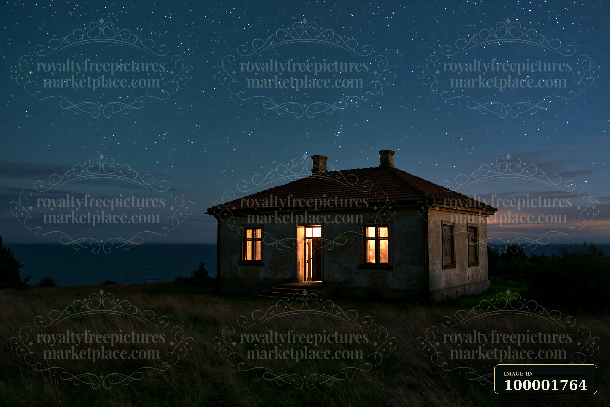 A villa stands in the foreground beneath a clear sky filled with stars.