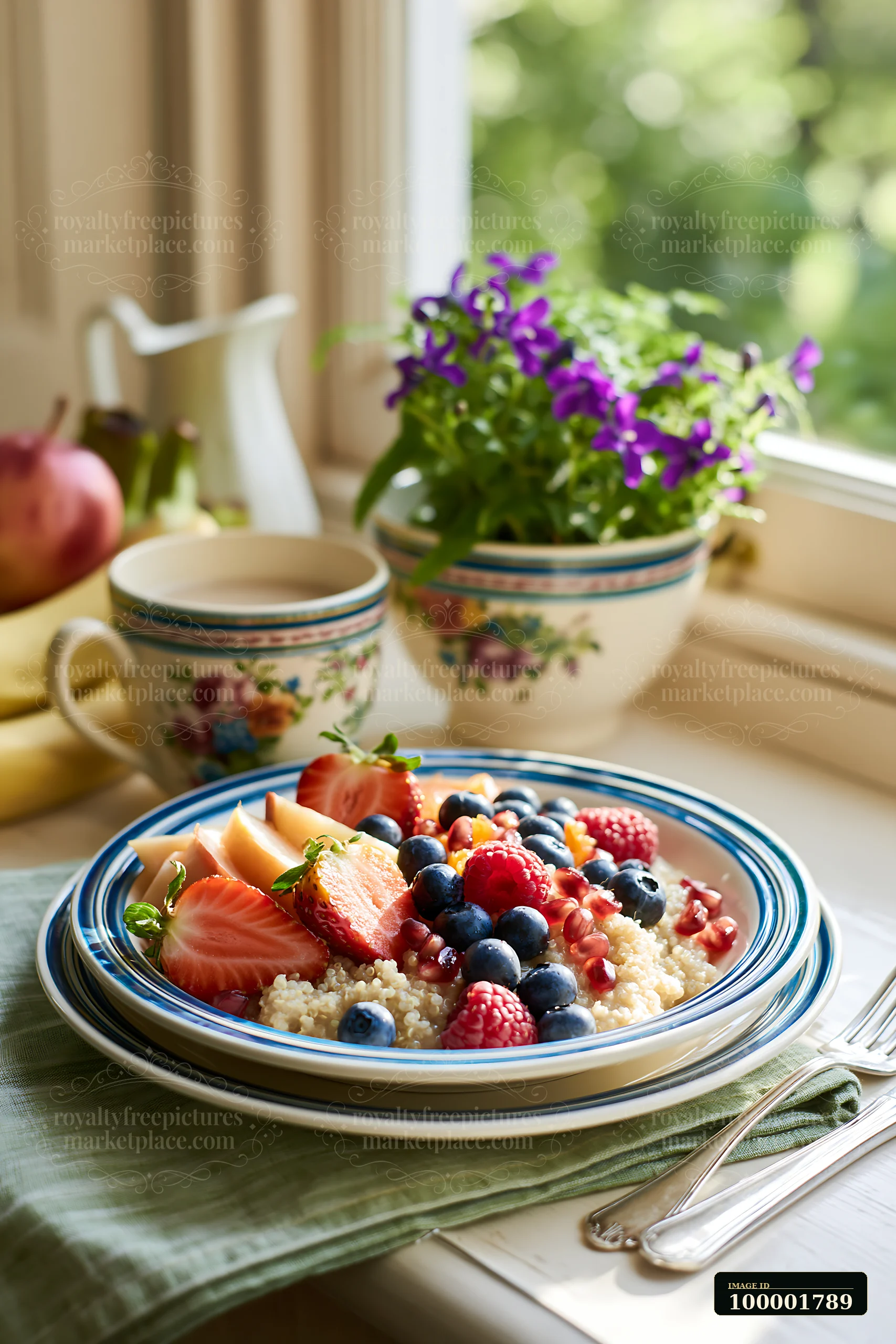 A breakfast plate with seasonal fruit sits on a table near a window, featuring strawberries, blueberries, raspberries, and pieces of mango along with quinoa.