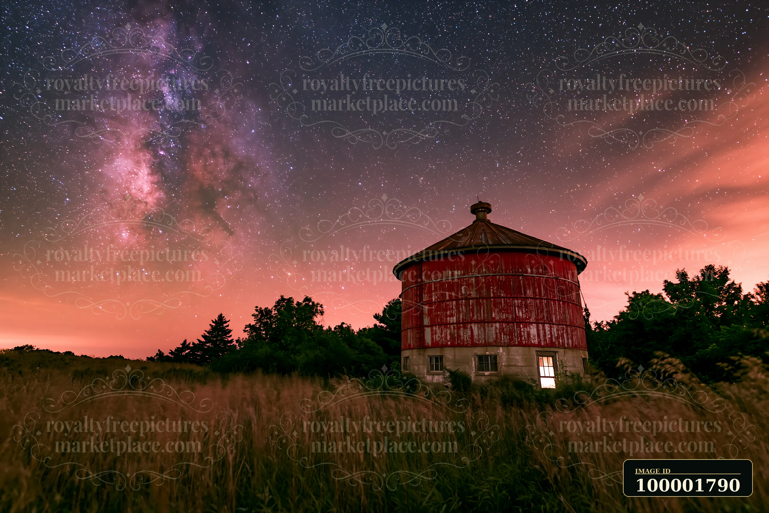 A silo stands in a field under a starry night with the Milky Way visible.
