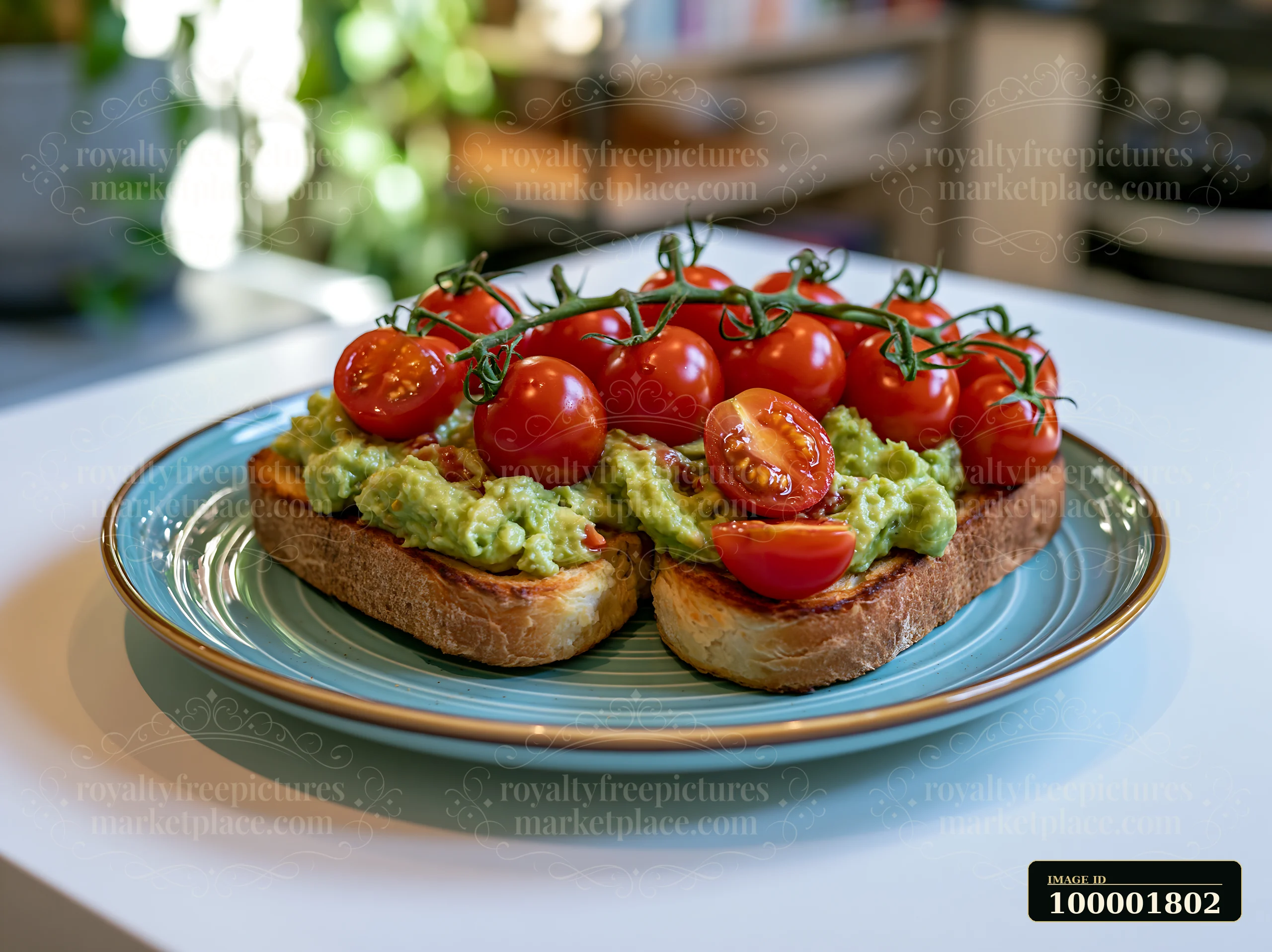 A plate showcases two slices of toasted bread topped with smashed avocado and halved cherry tomatoes.