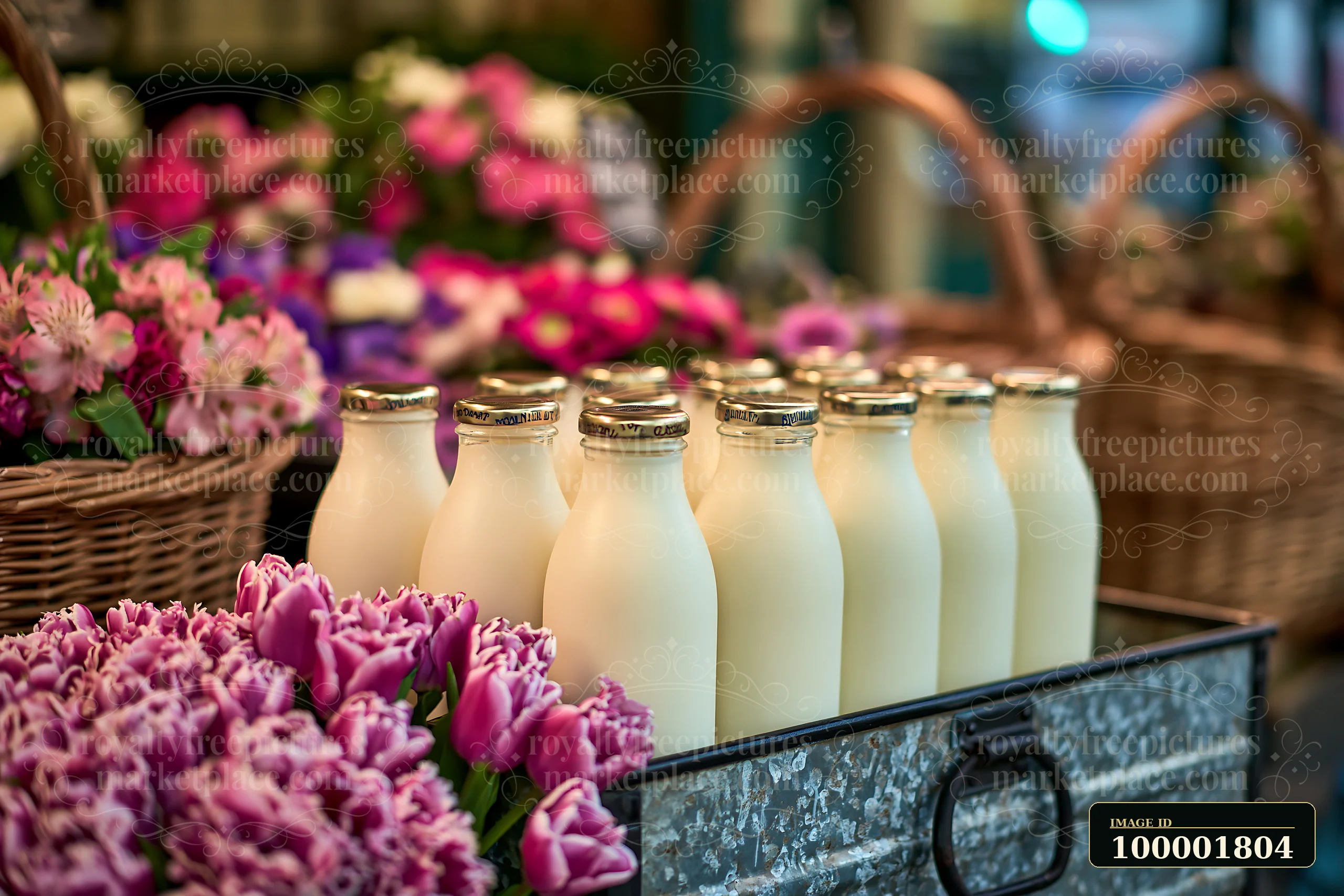 Cold milk bottles in a metal market cooler sit beside colorful flowers and baskets in a market setting.