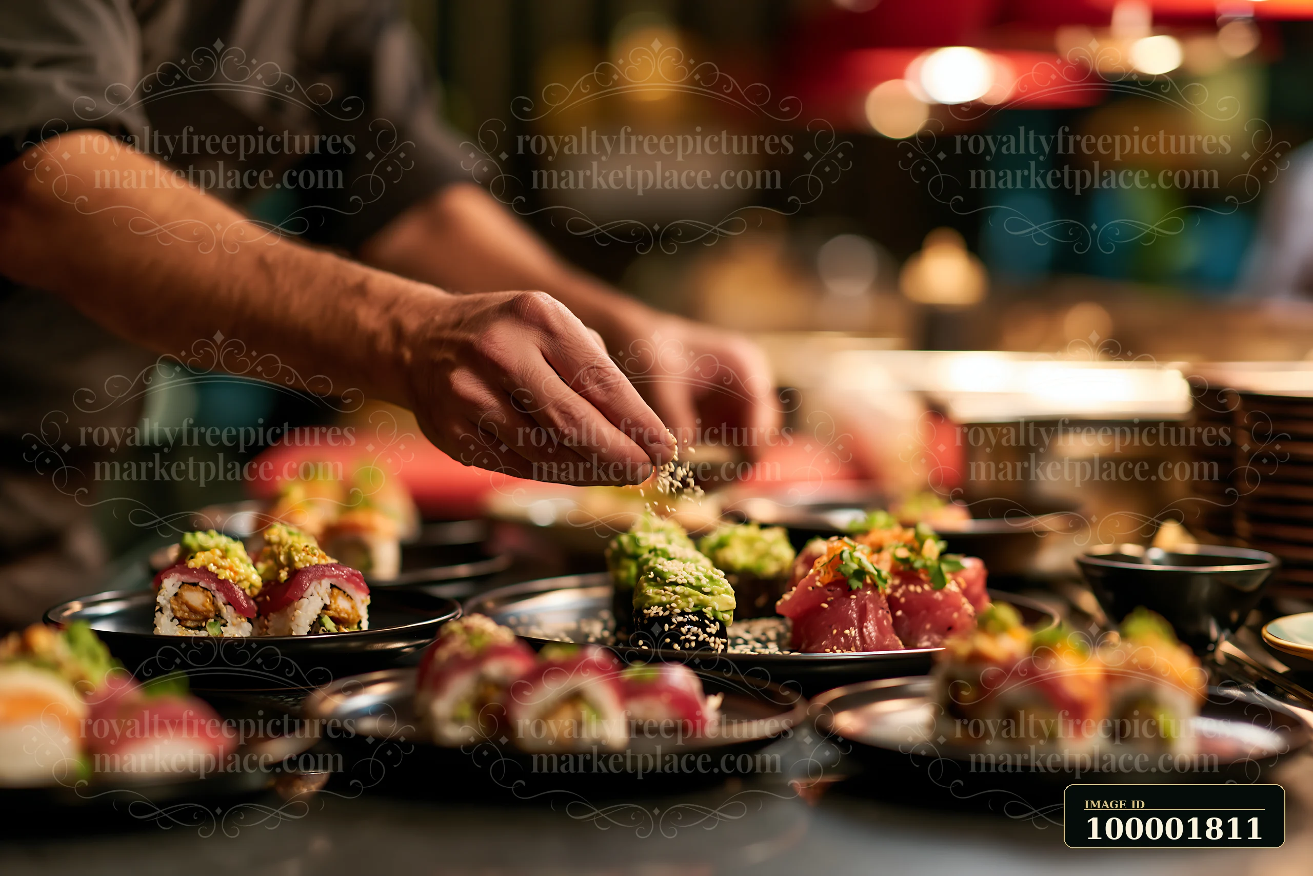 A restaurant worker preparing sushi order works at a busy sushi bar.