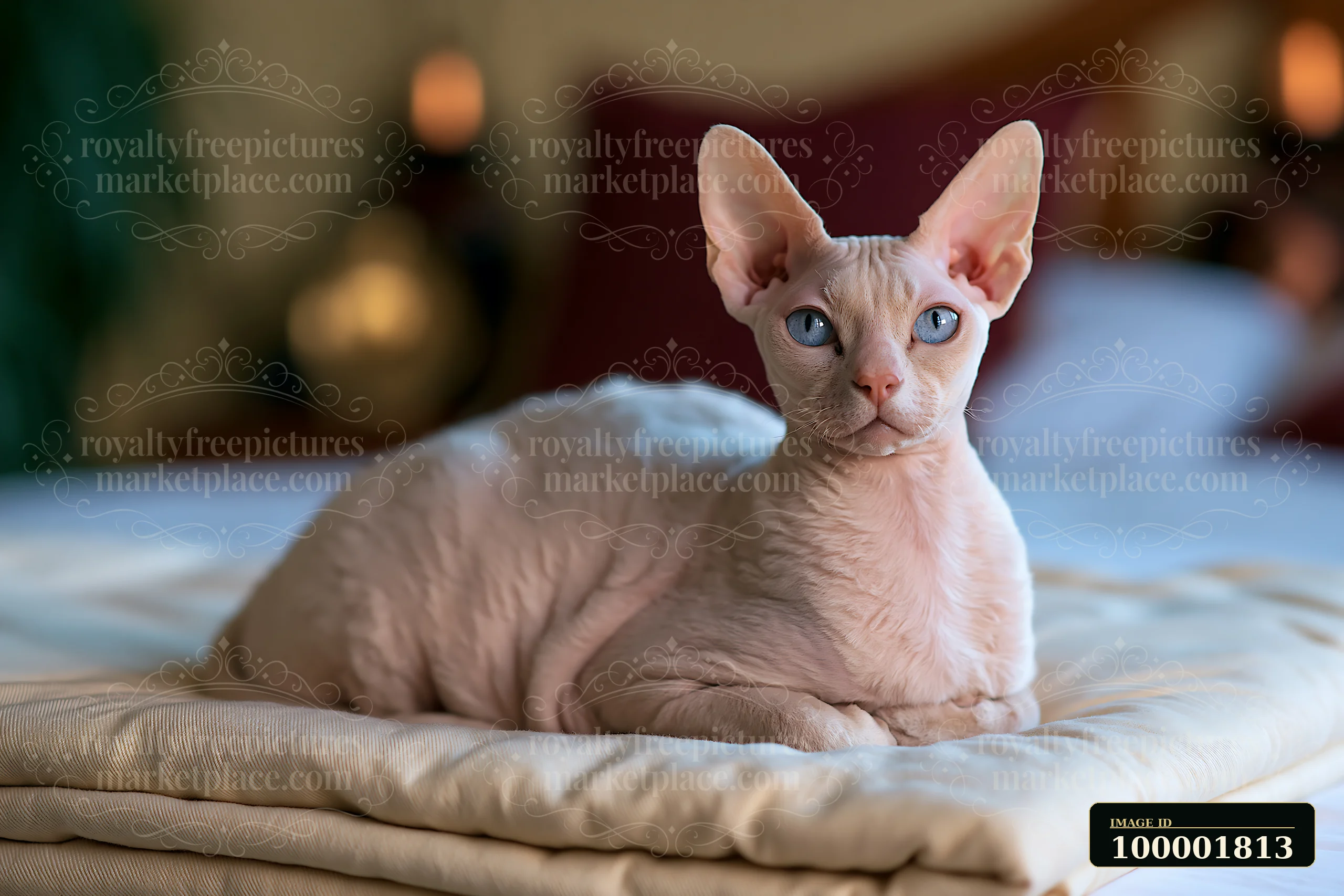 A Dwelf cat portrait shows a unique breed with blue eyes resting on a soft blanket.