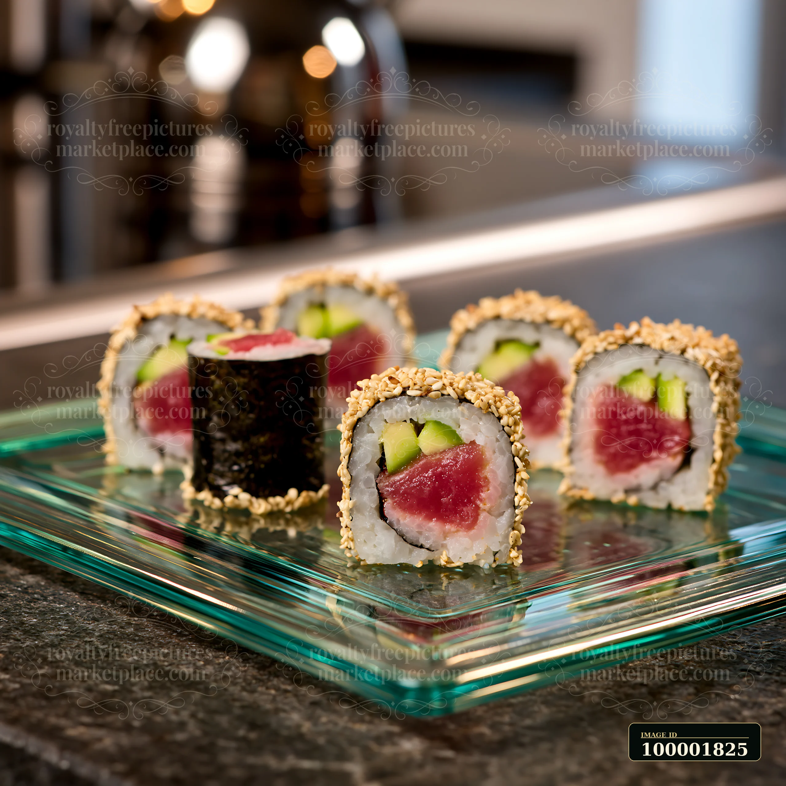 One tuna roll slice with sesame coating is placed next to several other sushi rolls on a glass plate.