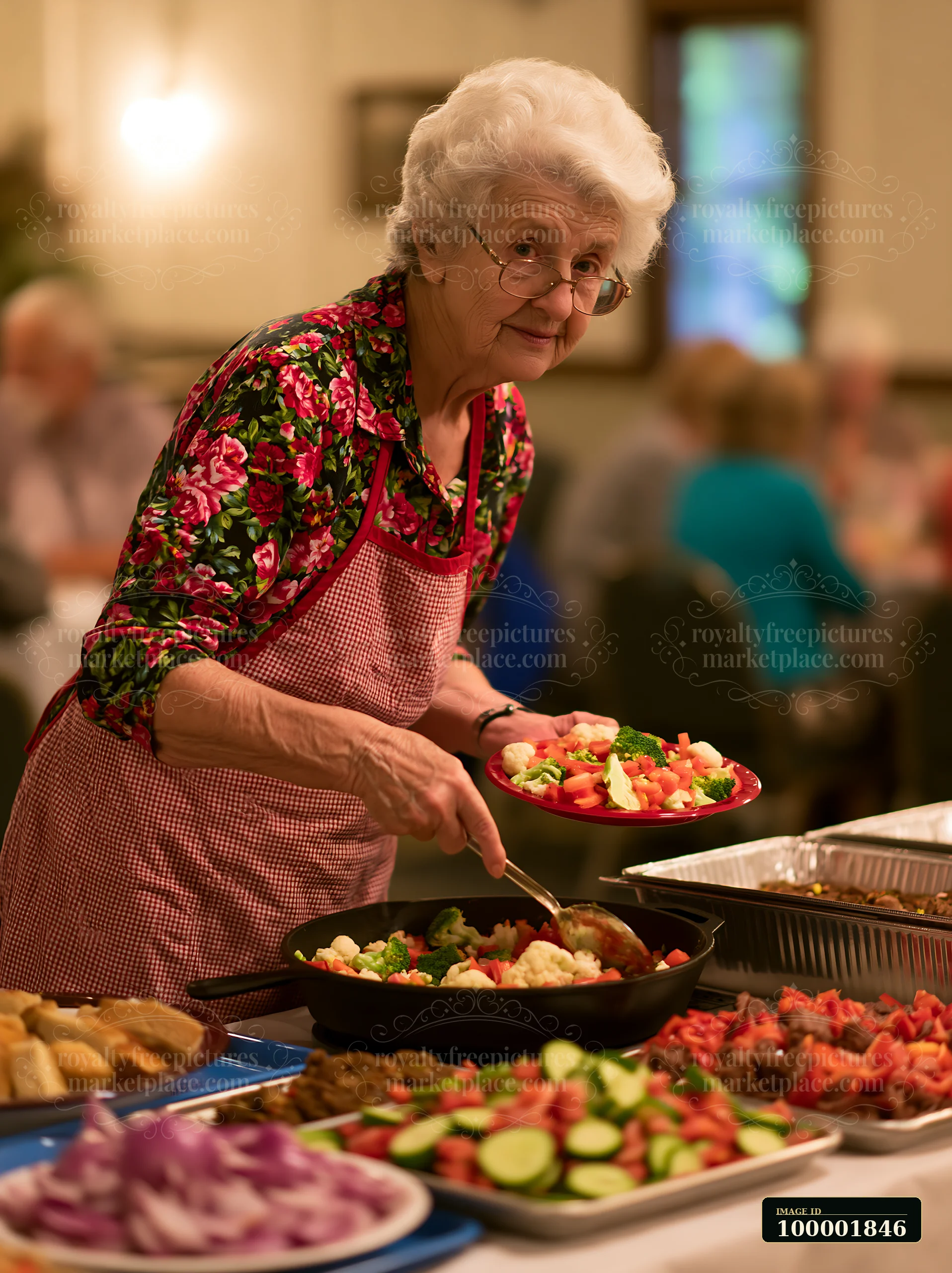 A senior woman serves food at a church gathering buffet while smiling.