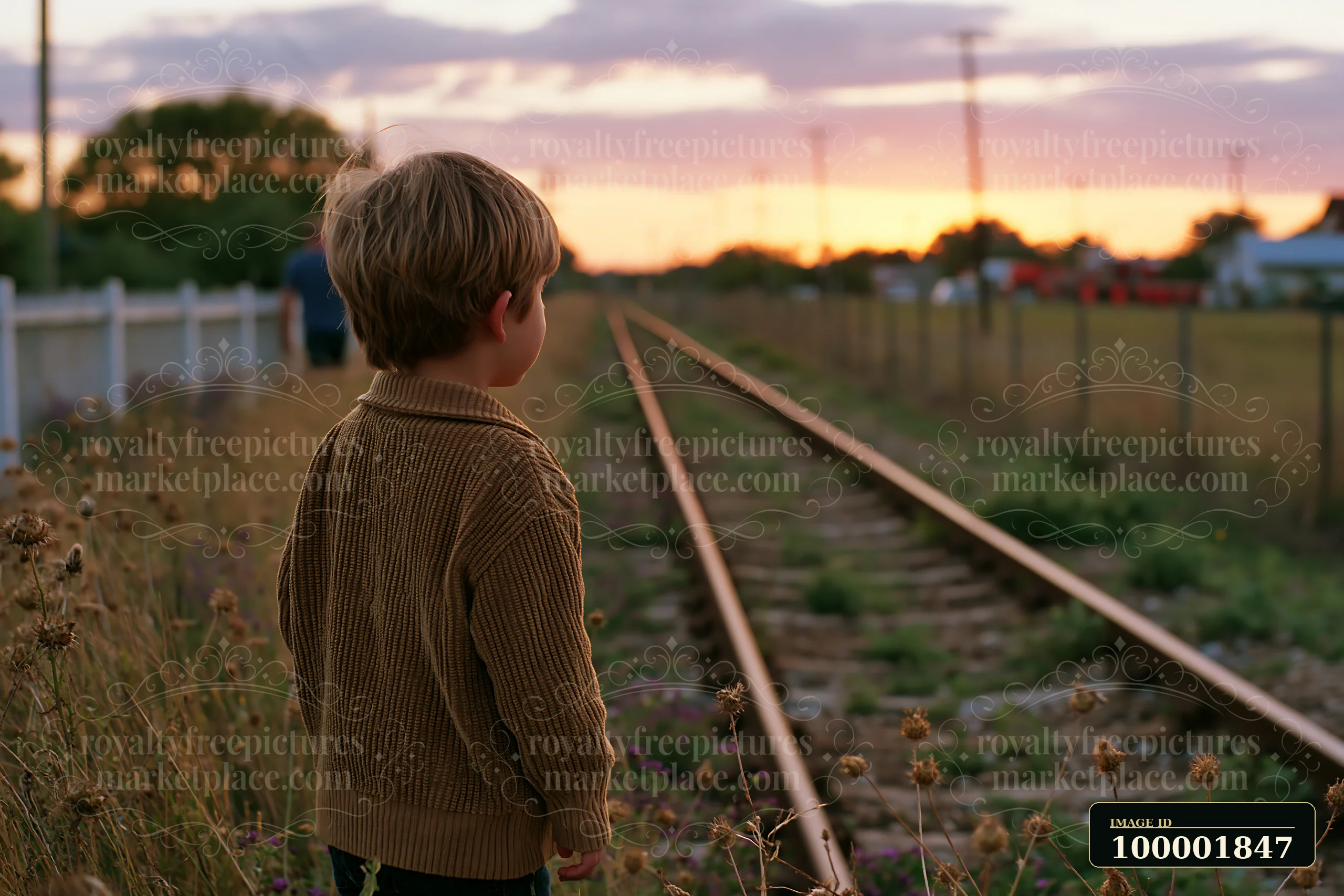 A child stands near railway tracks during sunset, surrounded by tall grass and wildflowers.
