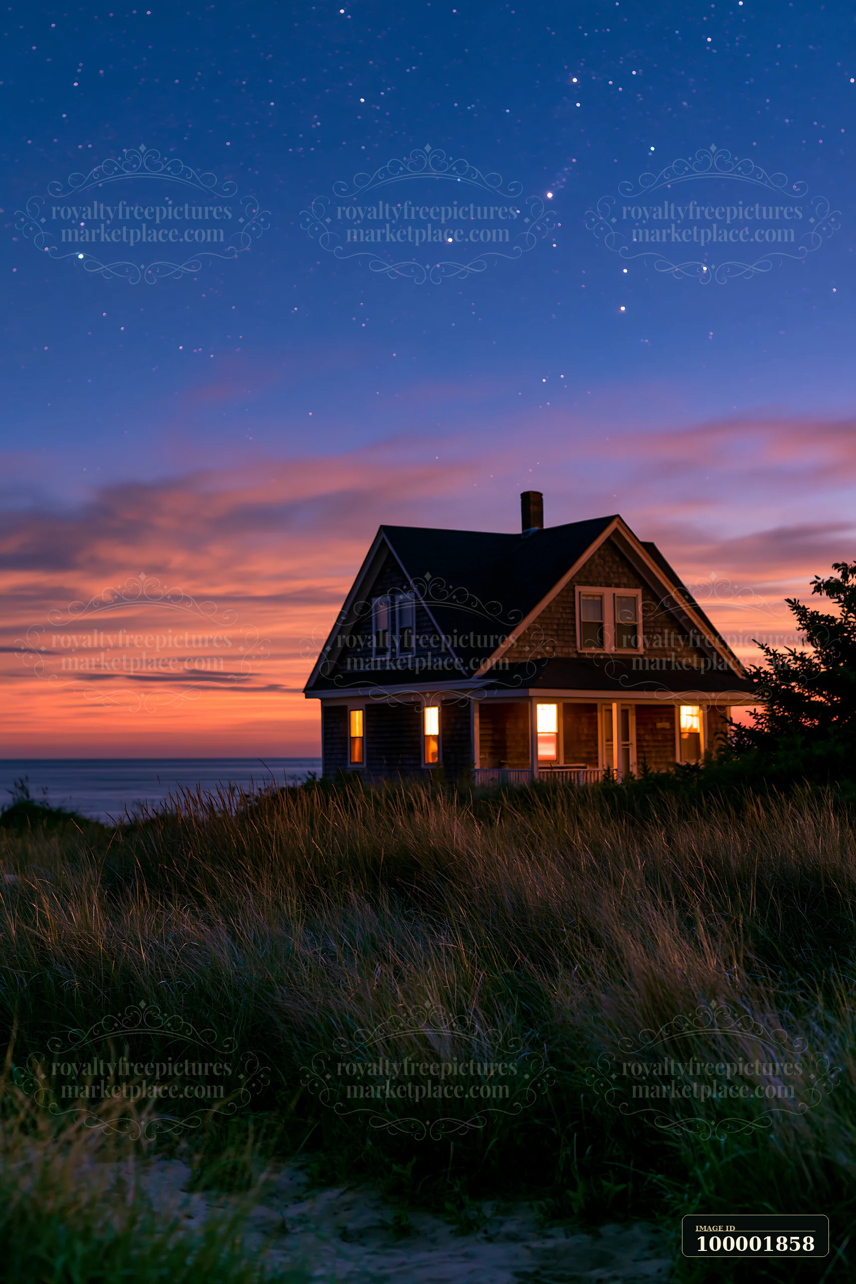 A lighthouse house under stars stands brightly against the night sky by the beach.