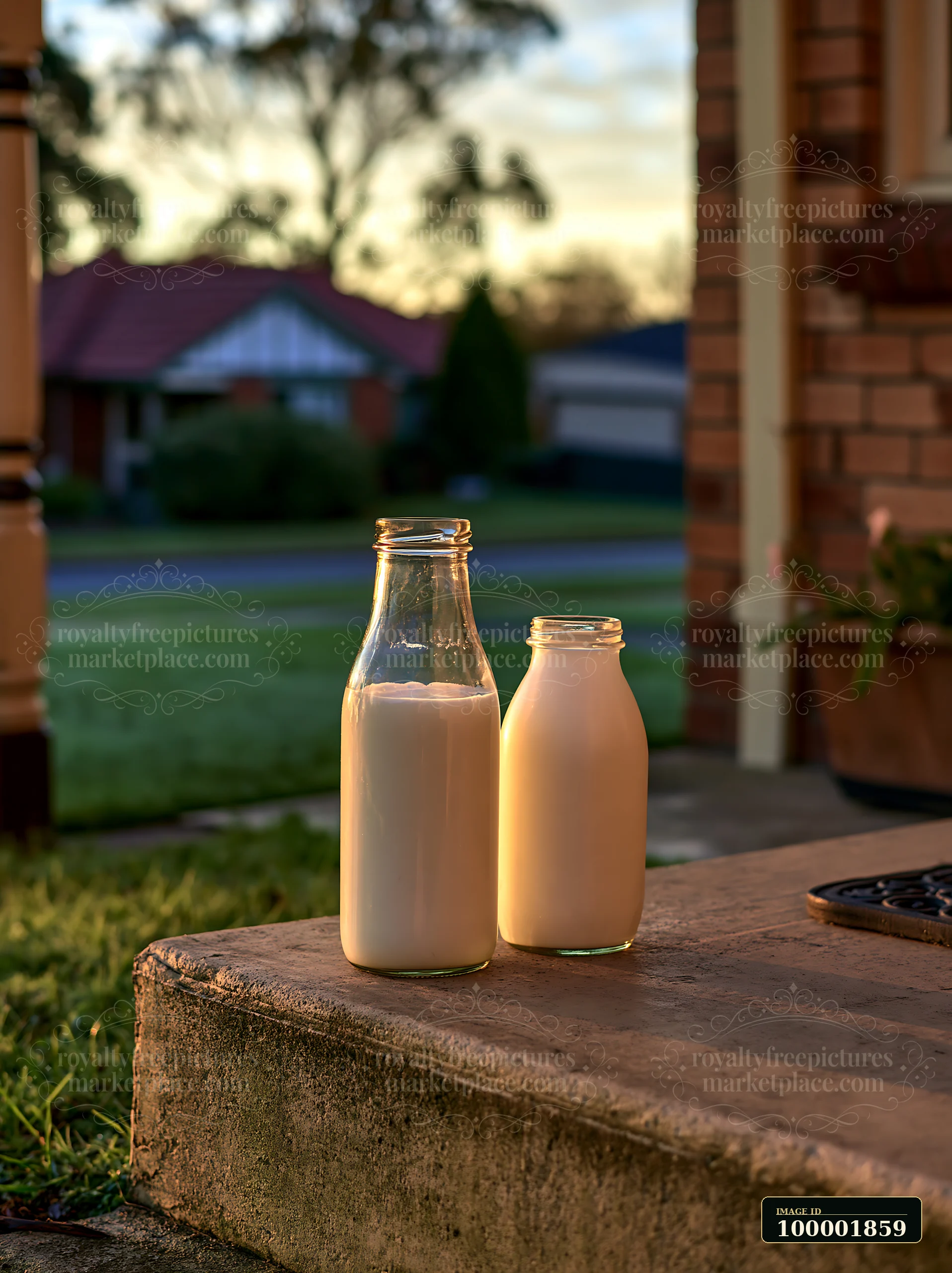 Two glass milk bottles sit quietly on a doorstep during sunrise.
