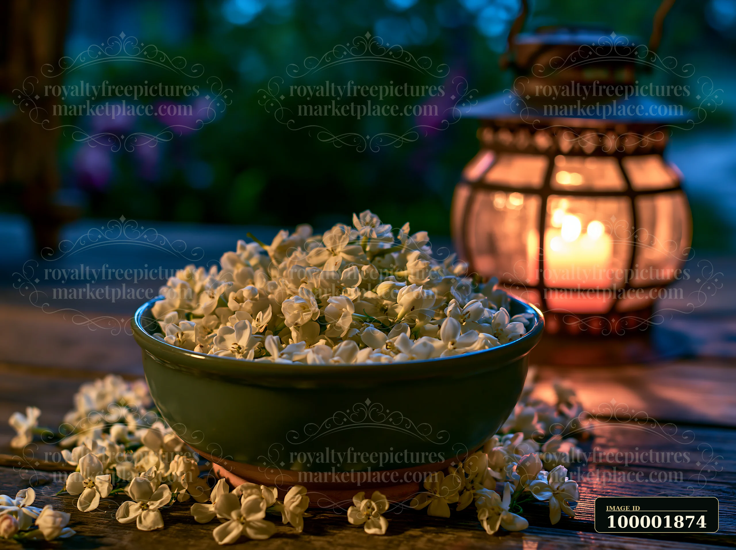 Jasmine flowers at dusk fill a bowl surrounded by scattered petals.