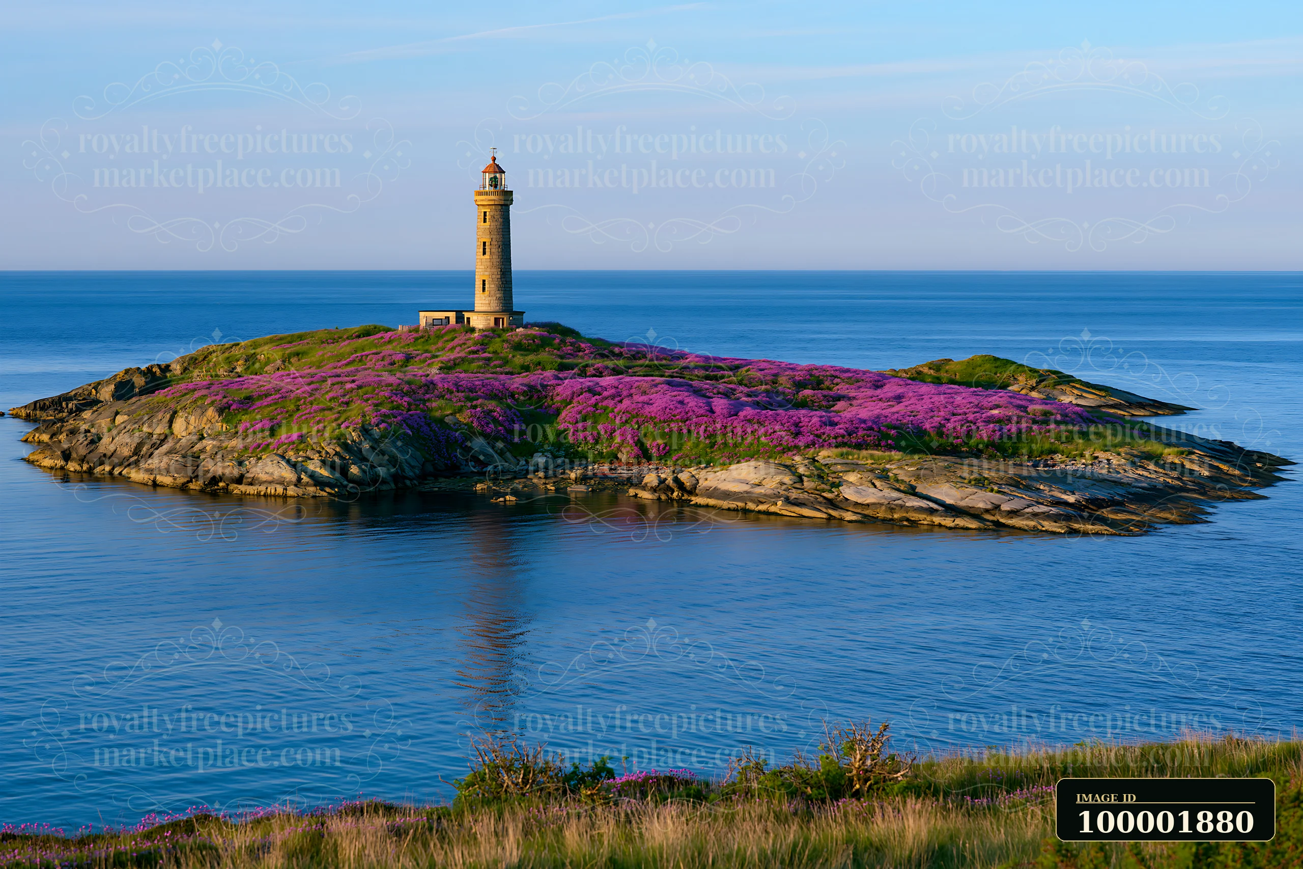 A lighthouse stands on an island covered with colorful flowers, surrounded by calm waters.