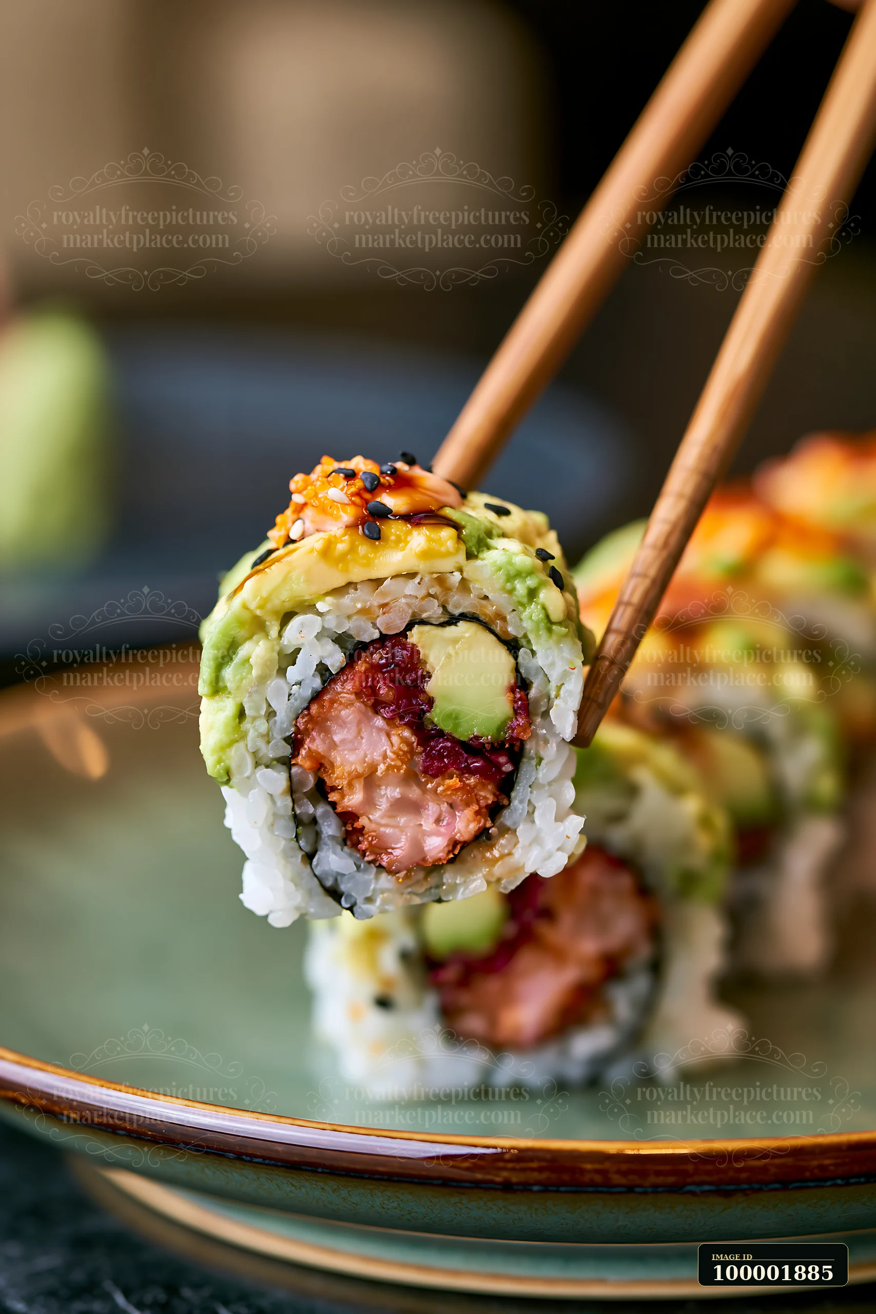 A dragon roll close-up features vibrant sushi garnished with avocado, spicy tuna, and eel sauce.