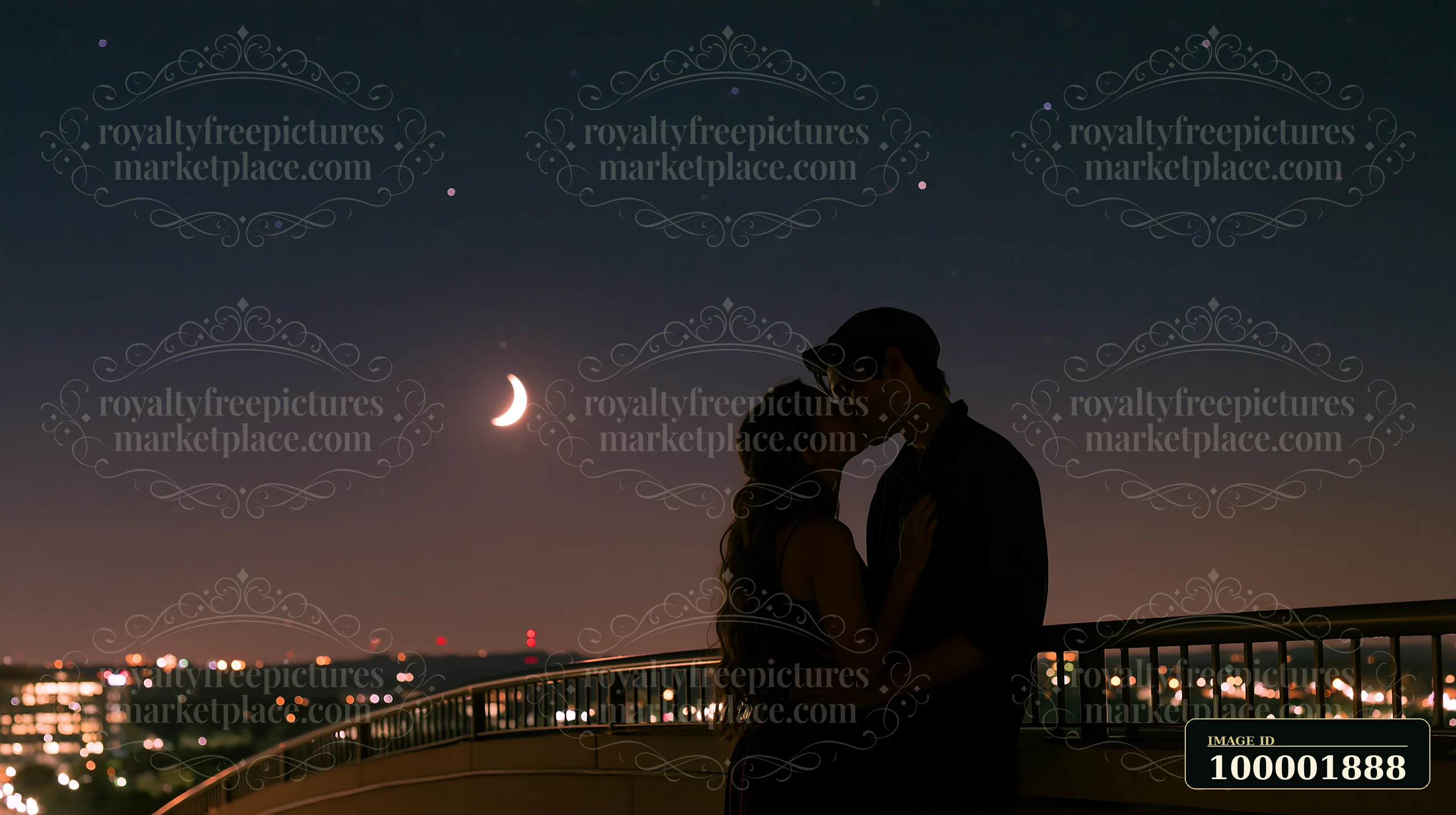 A couple embraces and shares a kiss against a dark night sky filled with stars and a crescent moon.