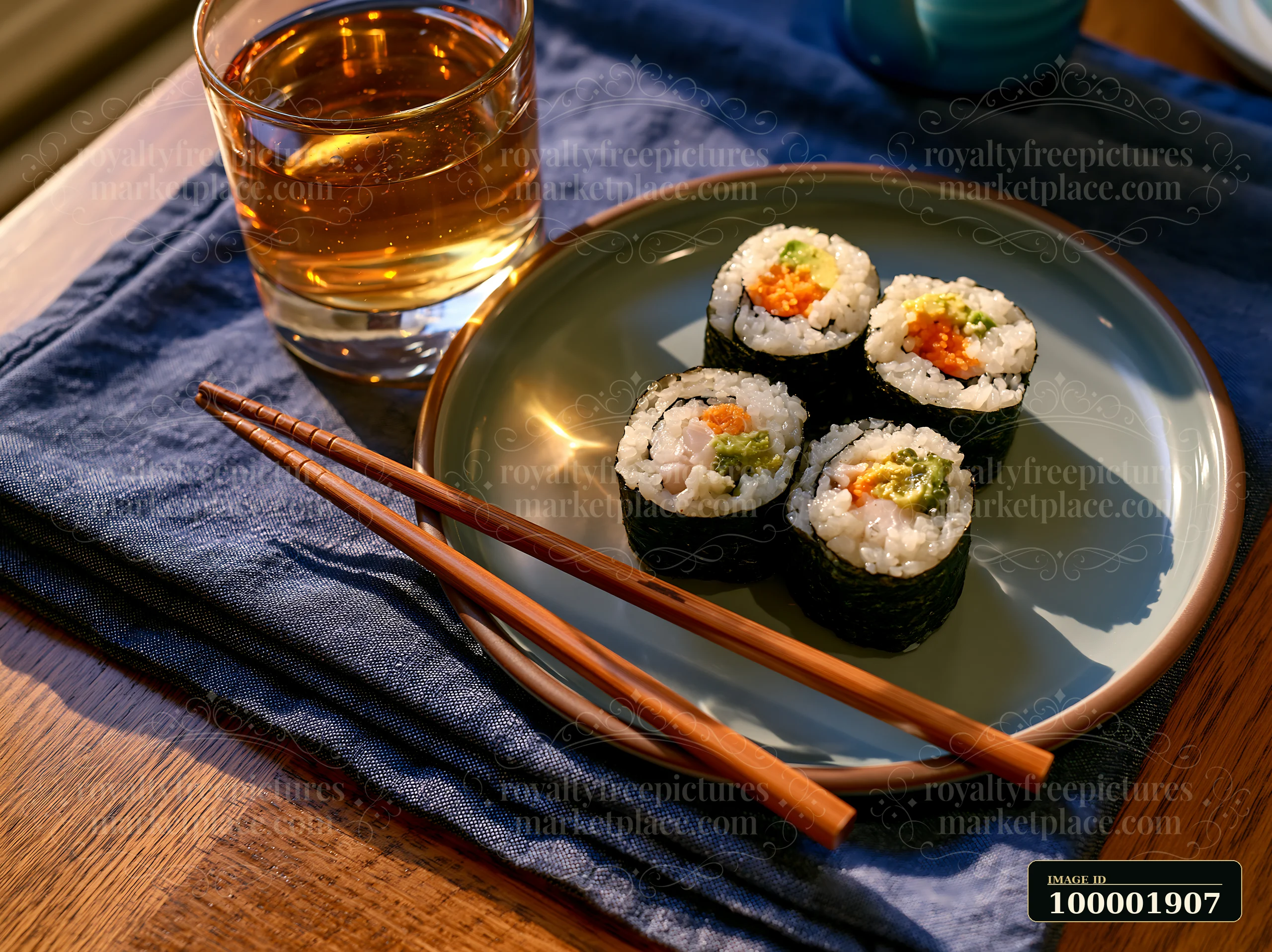 Sushi served with tea is presented on a round plate beside a glass of amber liquid.