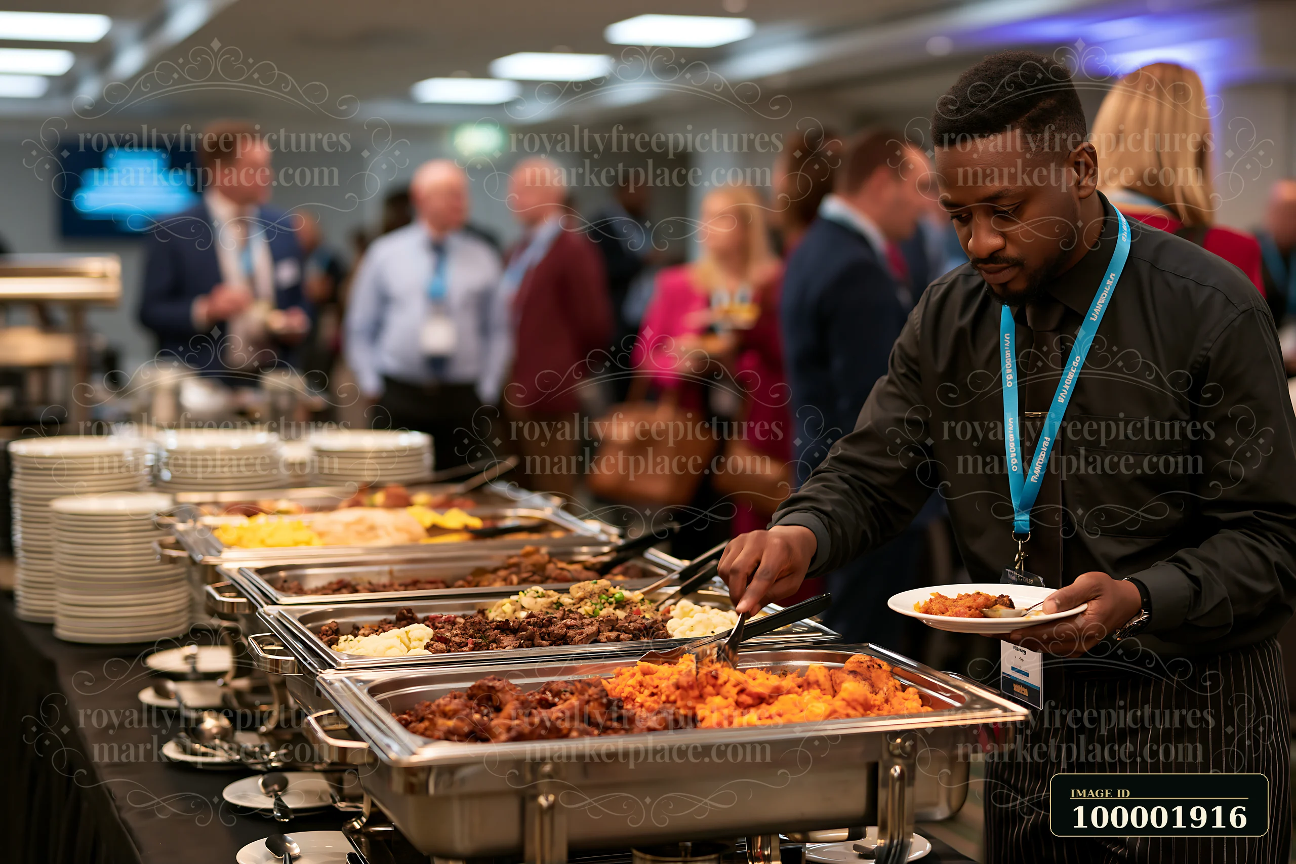 Guests at a business conference serve themselves from a buffet with various dishes.