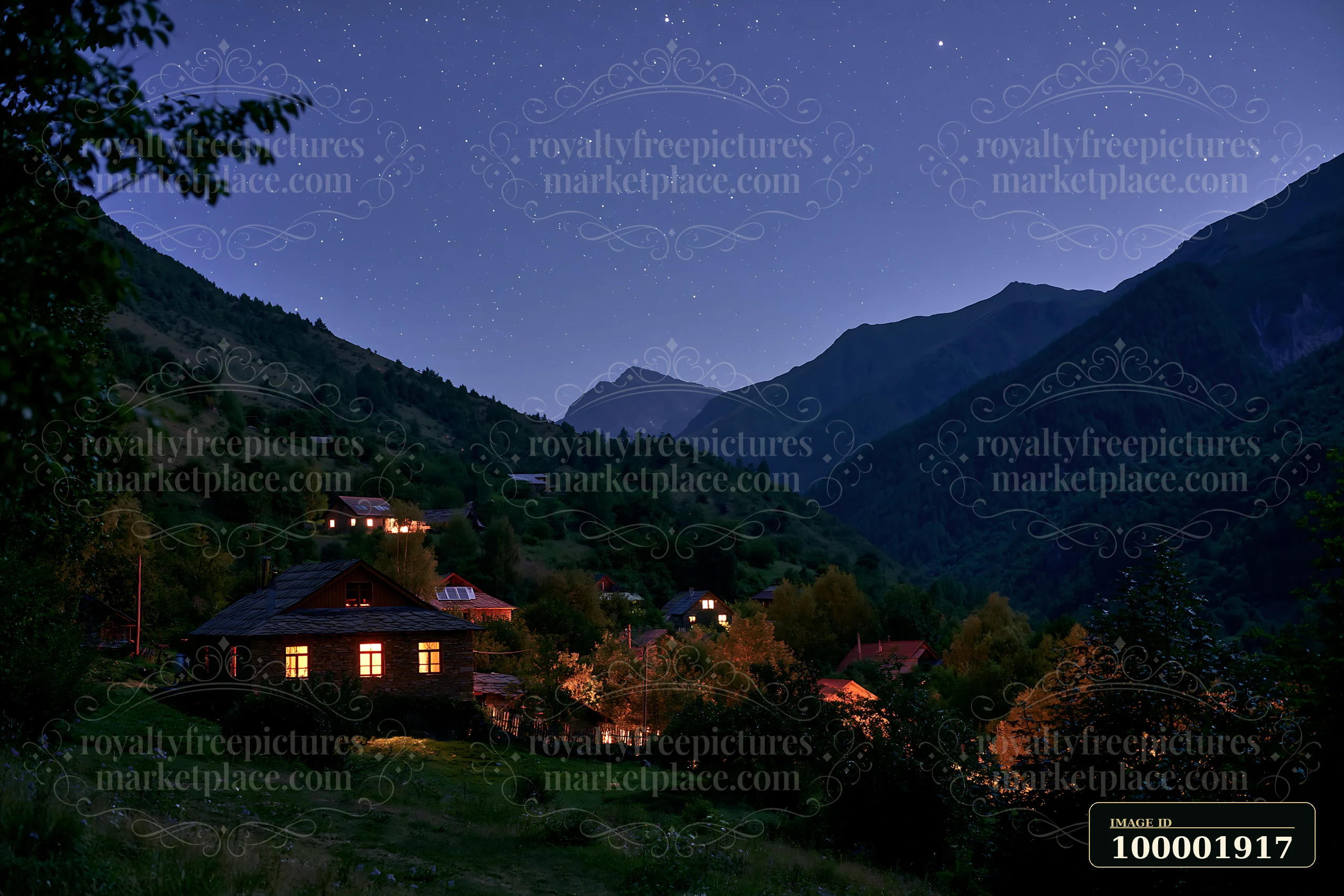 A starry night above a tranquil mountain valley shows homes lit softly along the hillside.