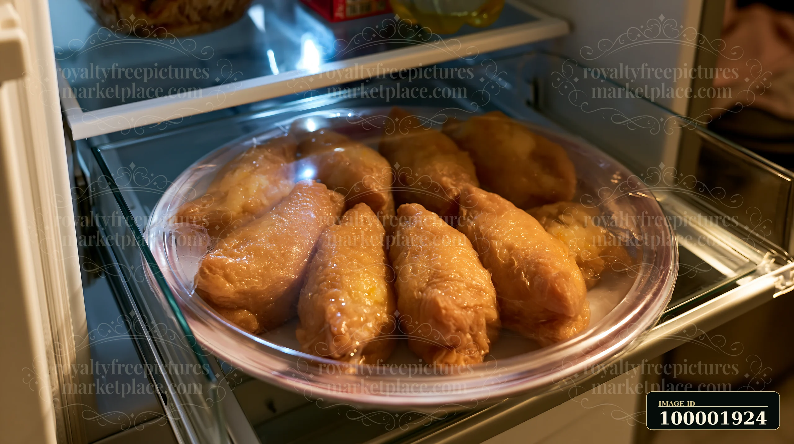 Inari sushi pockets filled with rice are arranged on a platter inside a refrigerator.