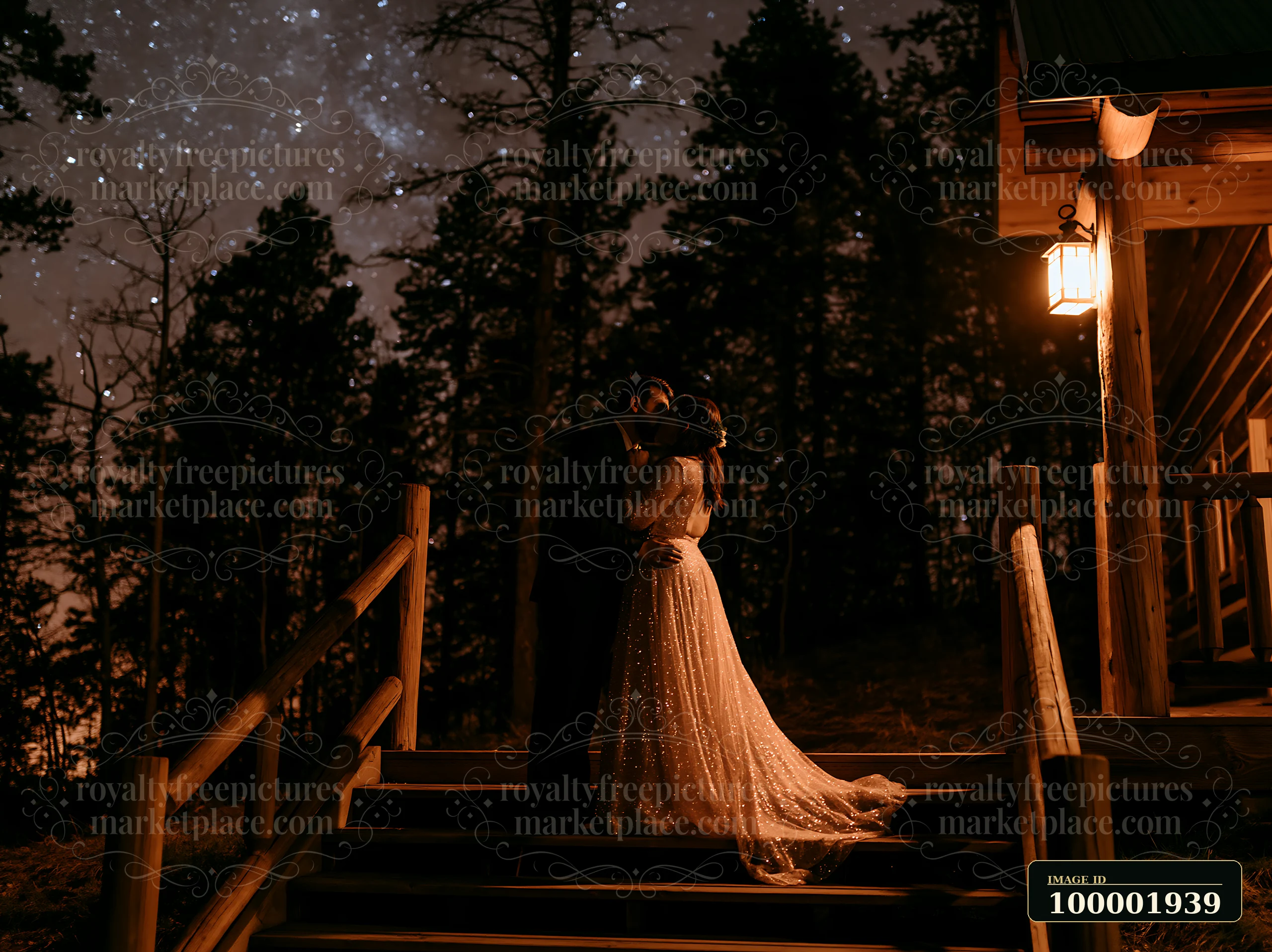 Newlyweds kiss outdoors beneath stars with tall trees in the background and a cabin nearby.