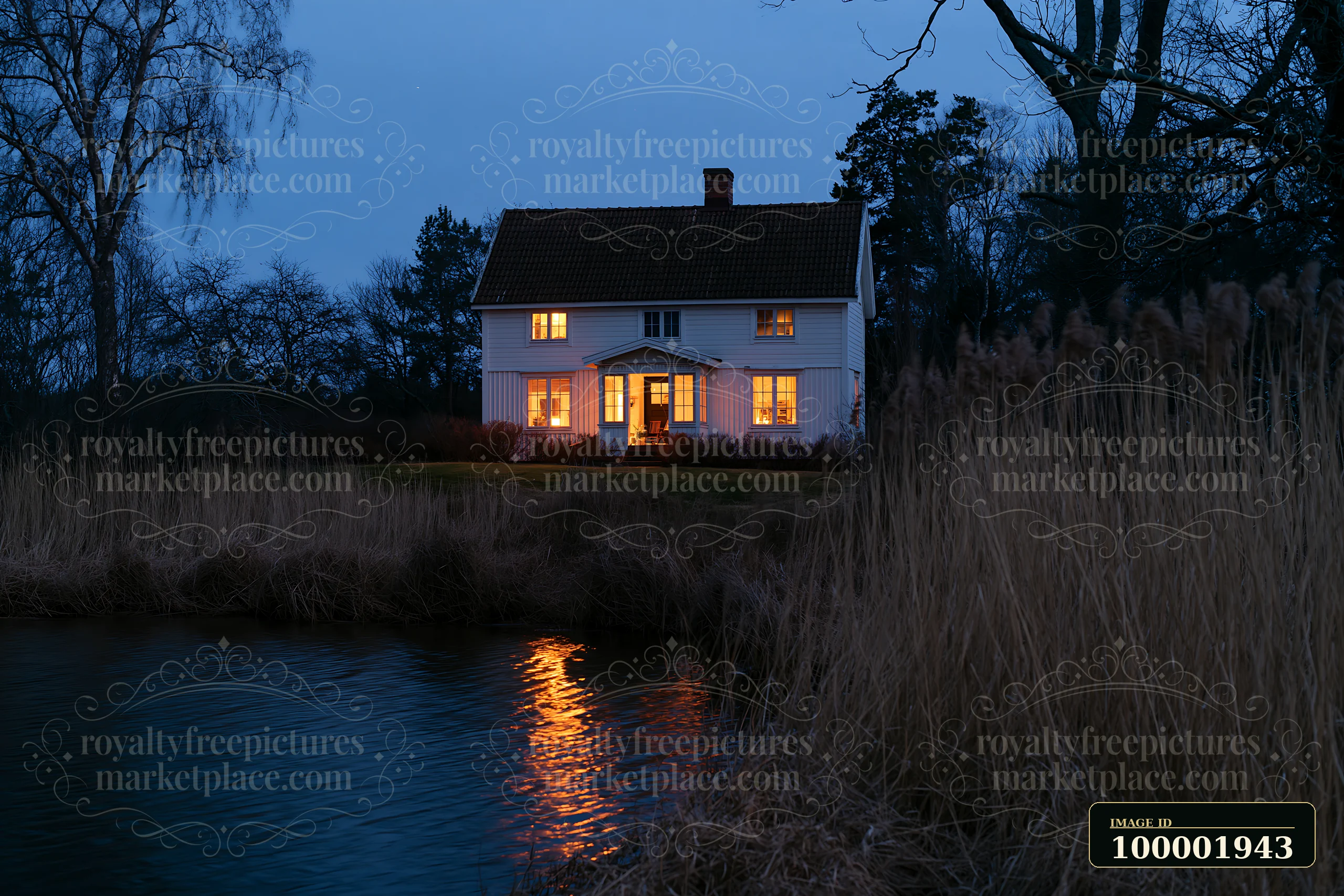 A house beside a starry lake stands out with warm lights shining from its windows.