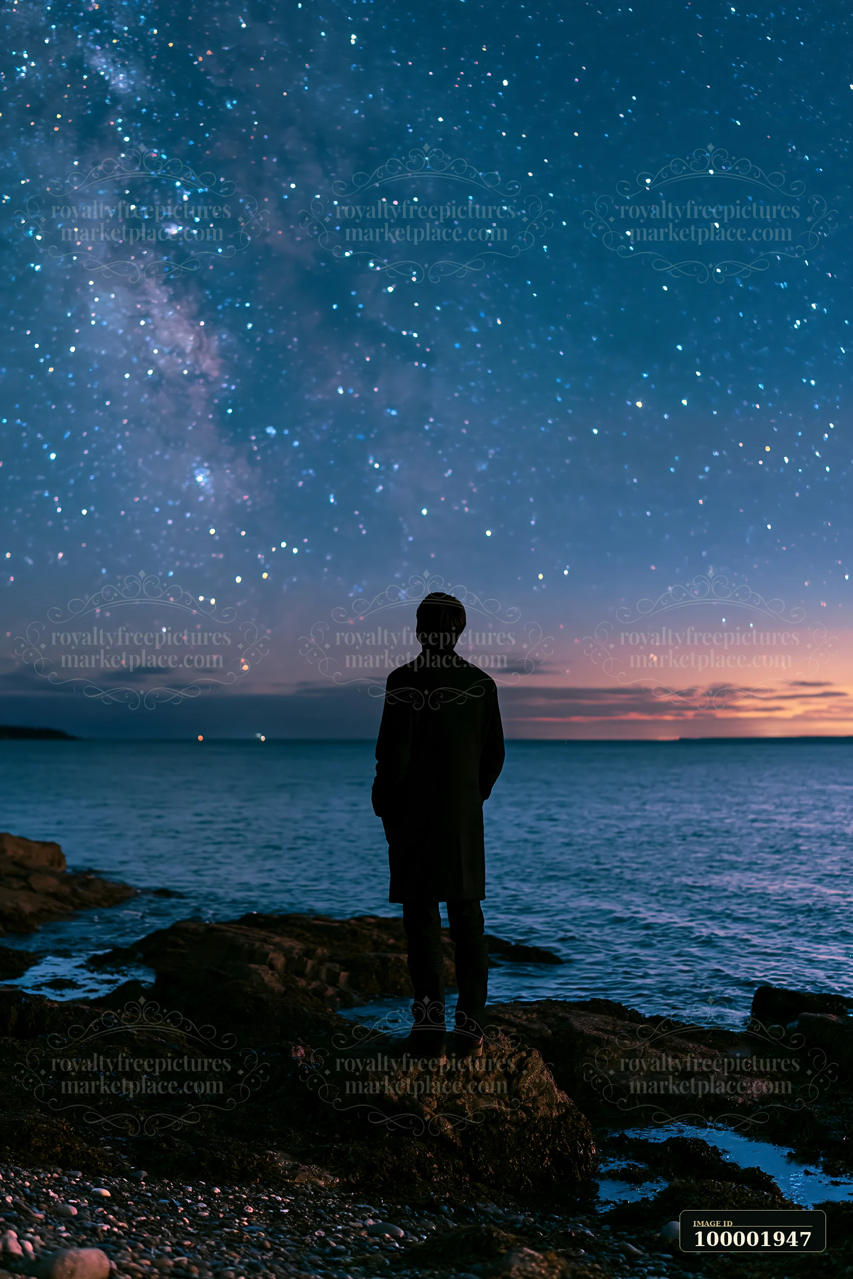 A person stands on rocky shore while tall waves crash gently.