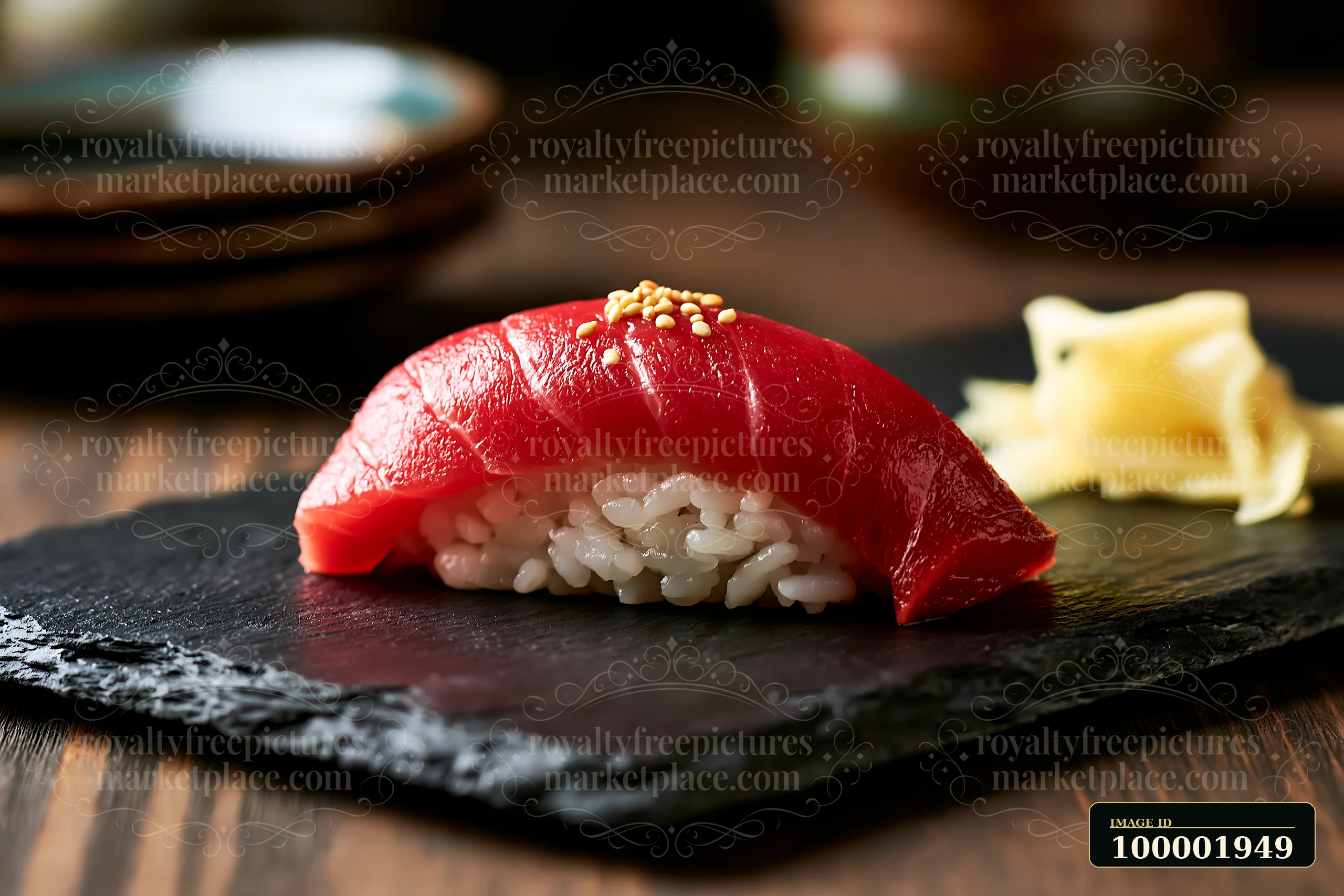 One sushi piece with pickled ginger is placed on a black stone plate.