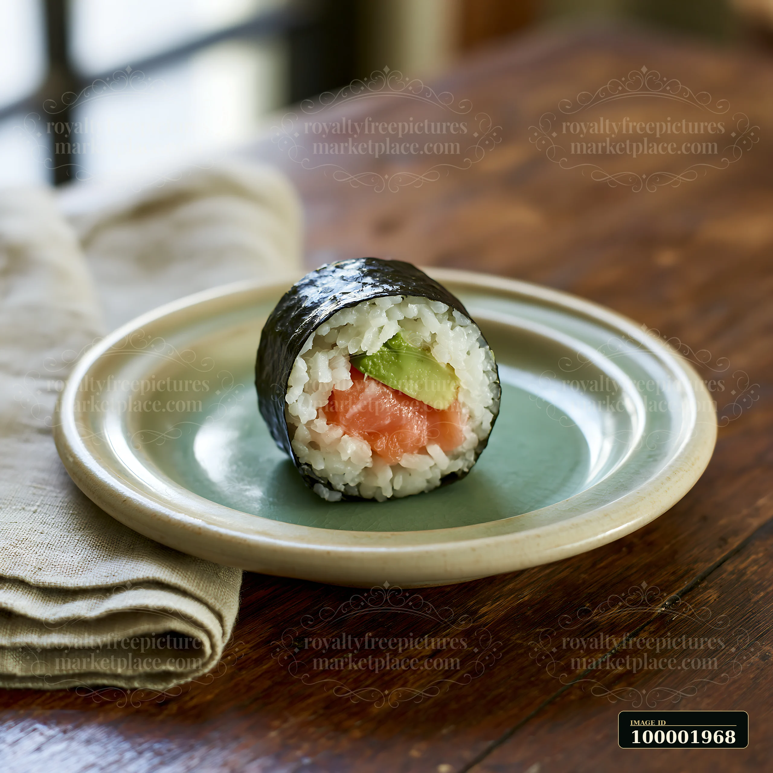 A single sushi roll on ceramic plate features salmon and avocado inside.