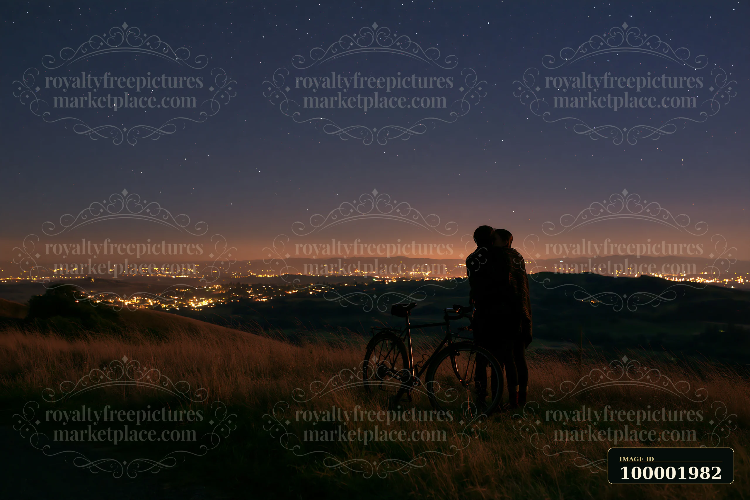 A couple kisses while standing on a hillside, wrapped in a blanket beneath a starry sky.