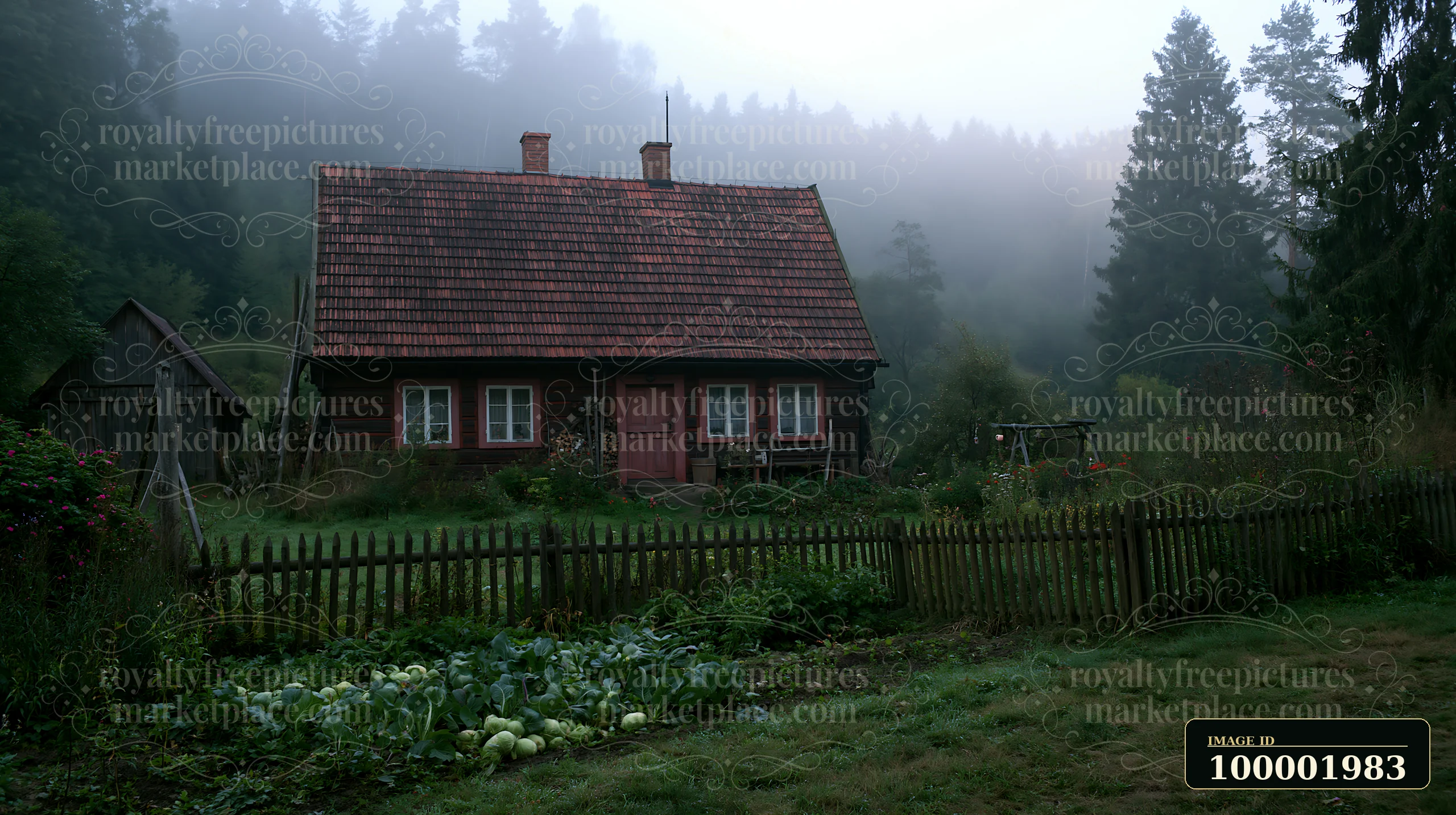 A rustic cottage near forest edge sits beneath a foggy sky.