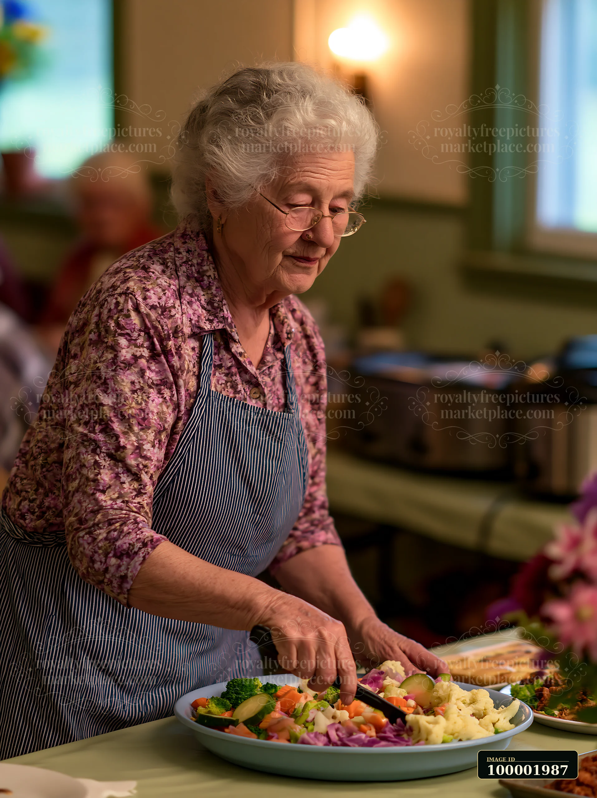 An elderly woman serves food at a bustling church gathering buffet.