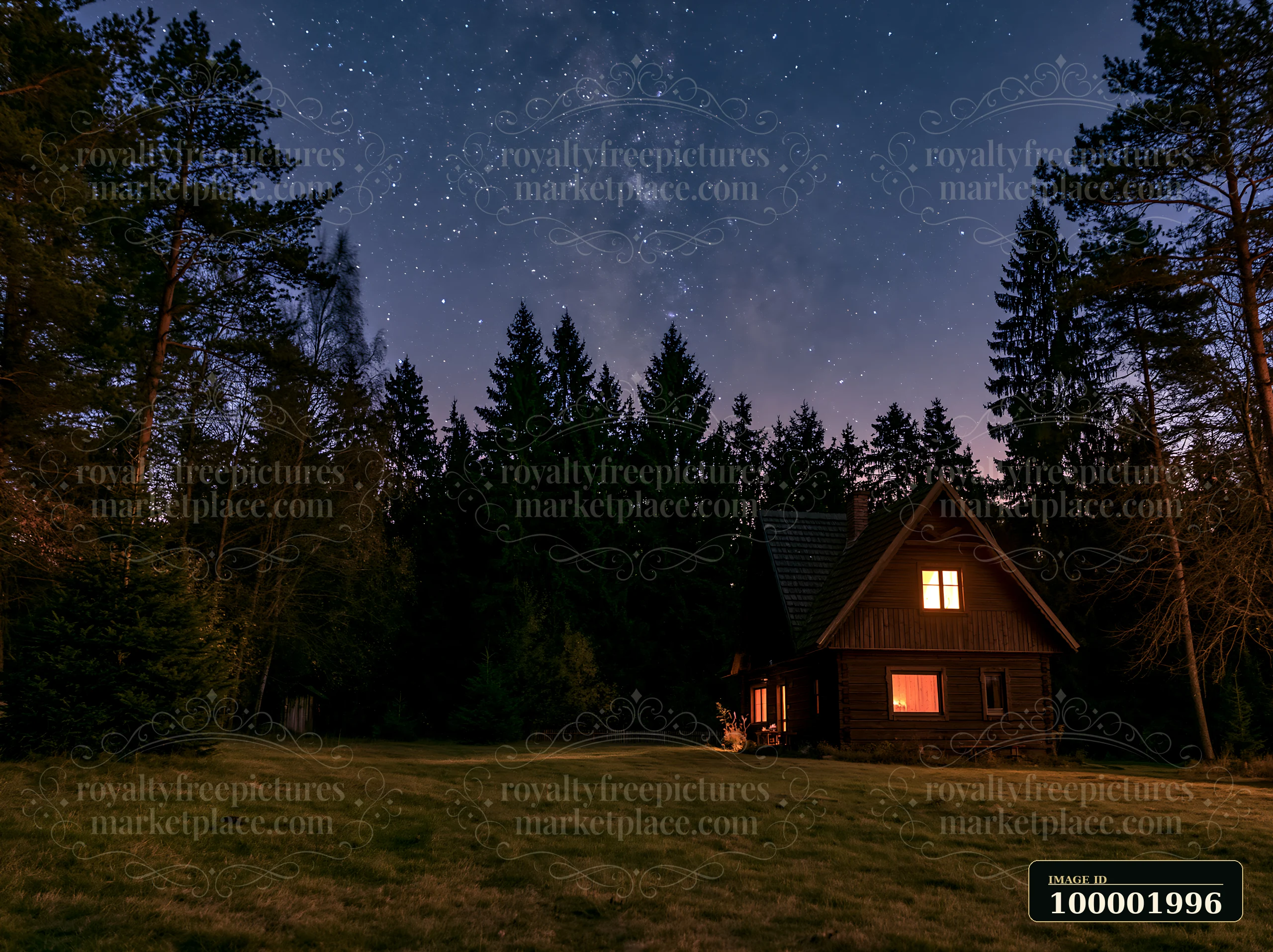 A wooden villa stands in a clearing surrounded by tall trees under a bright star-filled sky.