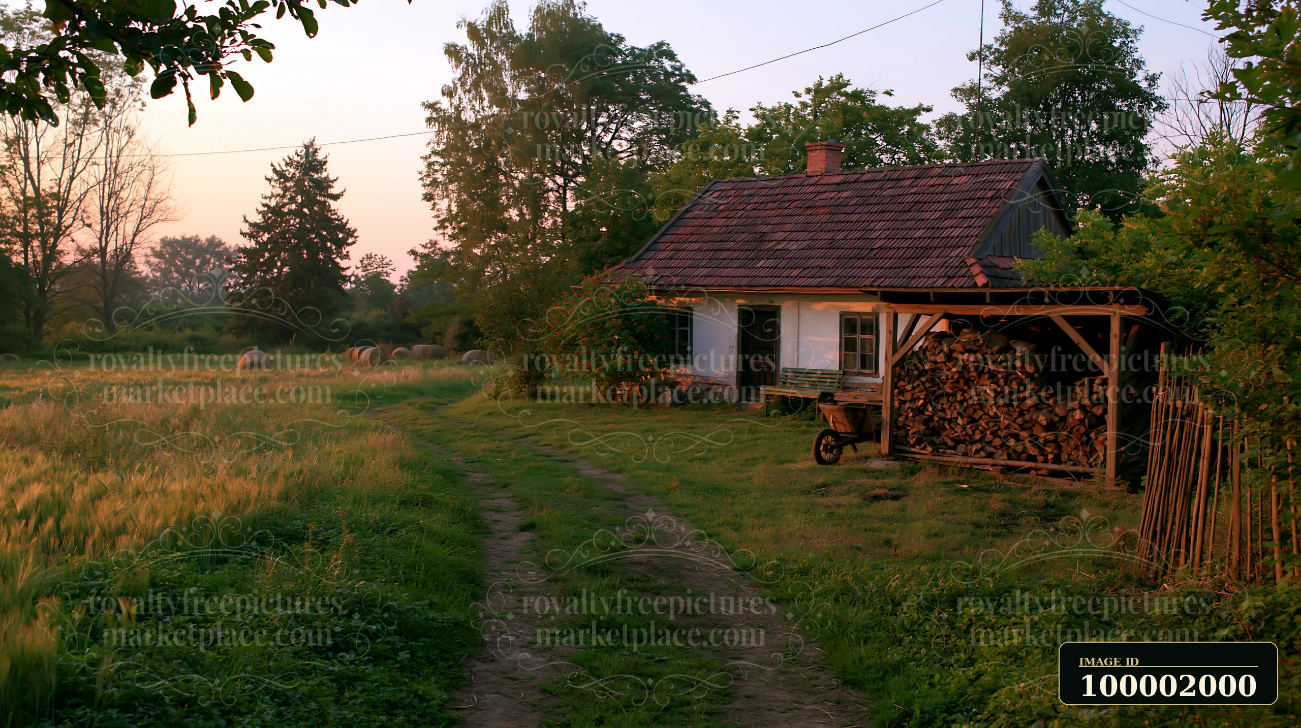 A rural cottage with firewood stack sits beside a path in a grassy field.