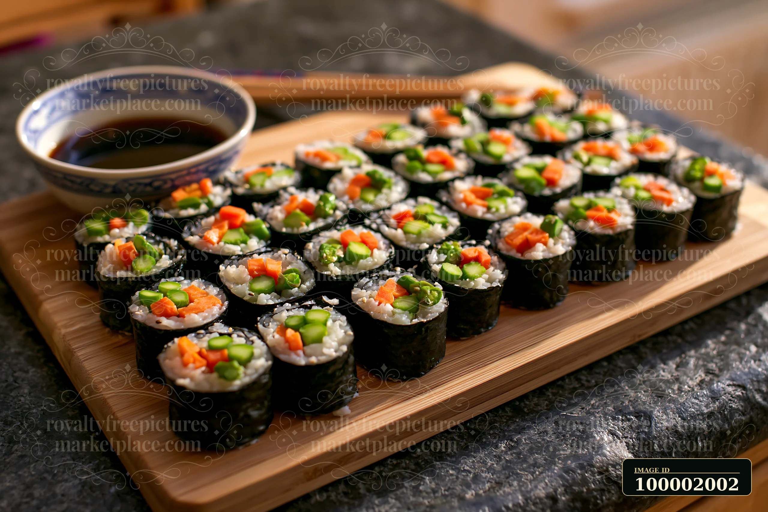 A vegan sushi platter displays colorful rolls made with rice, nori, and fresh vegetables.