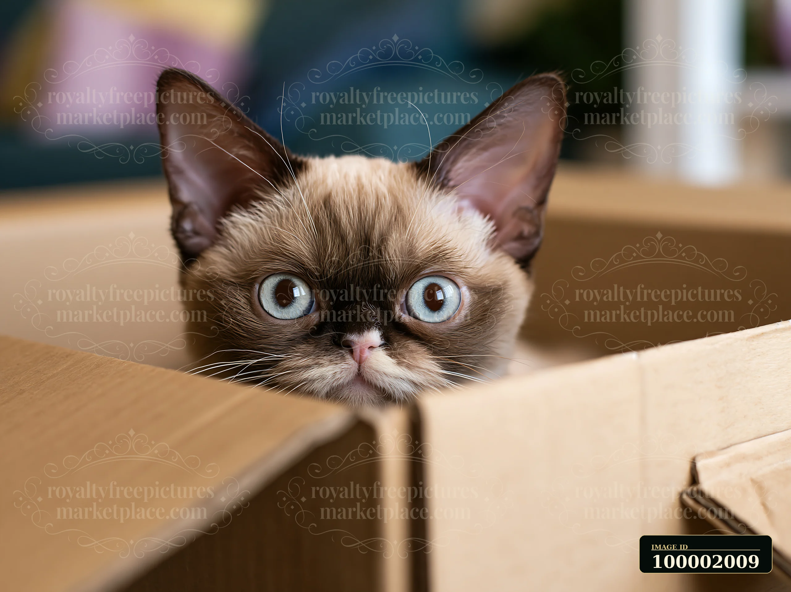 A Minskin cat looks out from a cardboard box, showcasing its distinct features and curious expression.