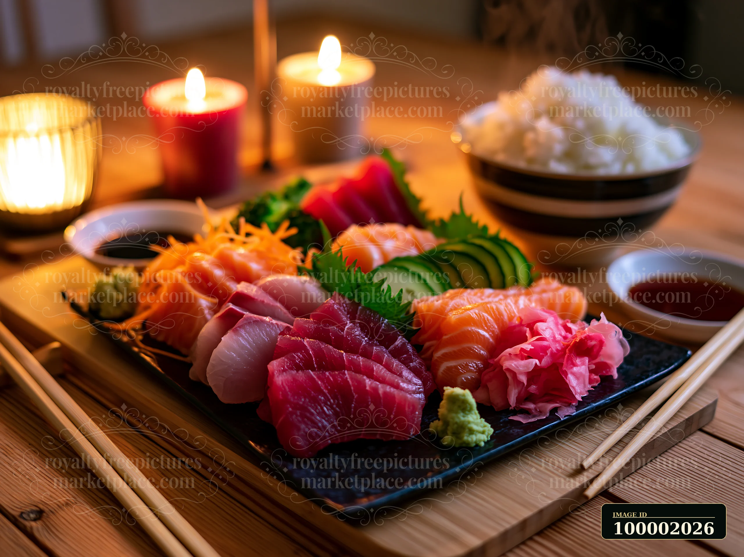 A sashimi platter with pickled ginger sits on a wooden table, surrounded by candles and bowls of rice.