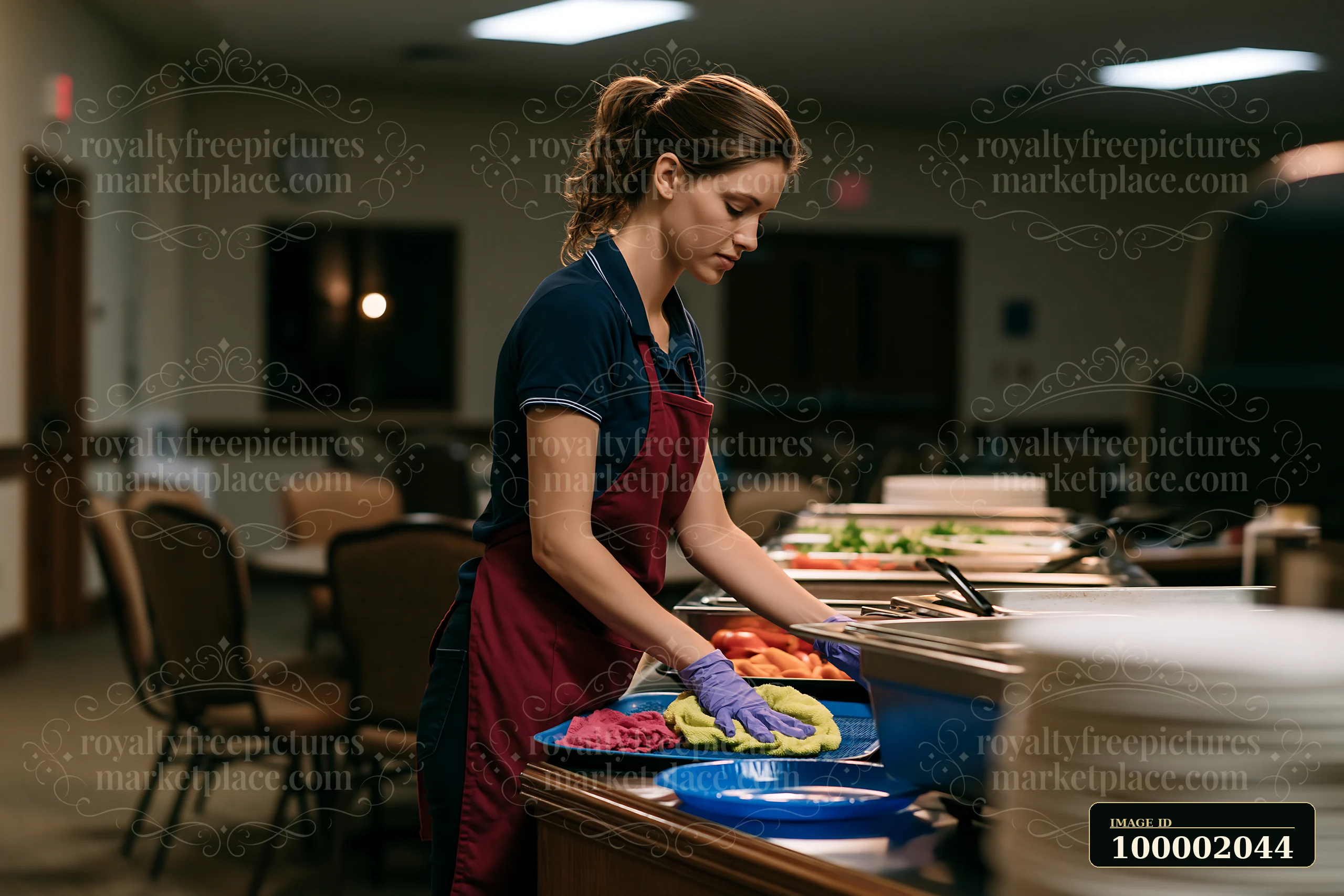 A person prepares a church gathering buffet by arranging food on plates in a community hall.