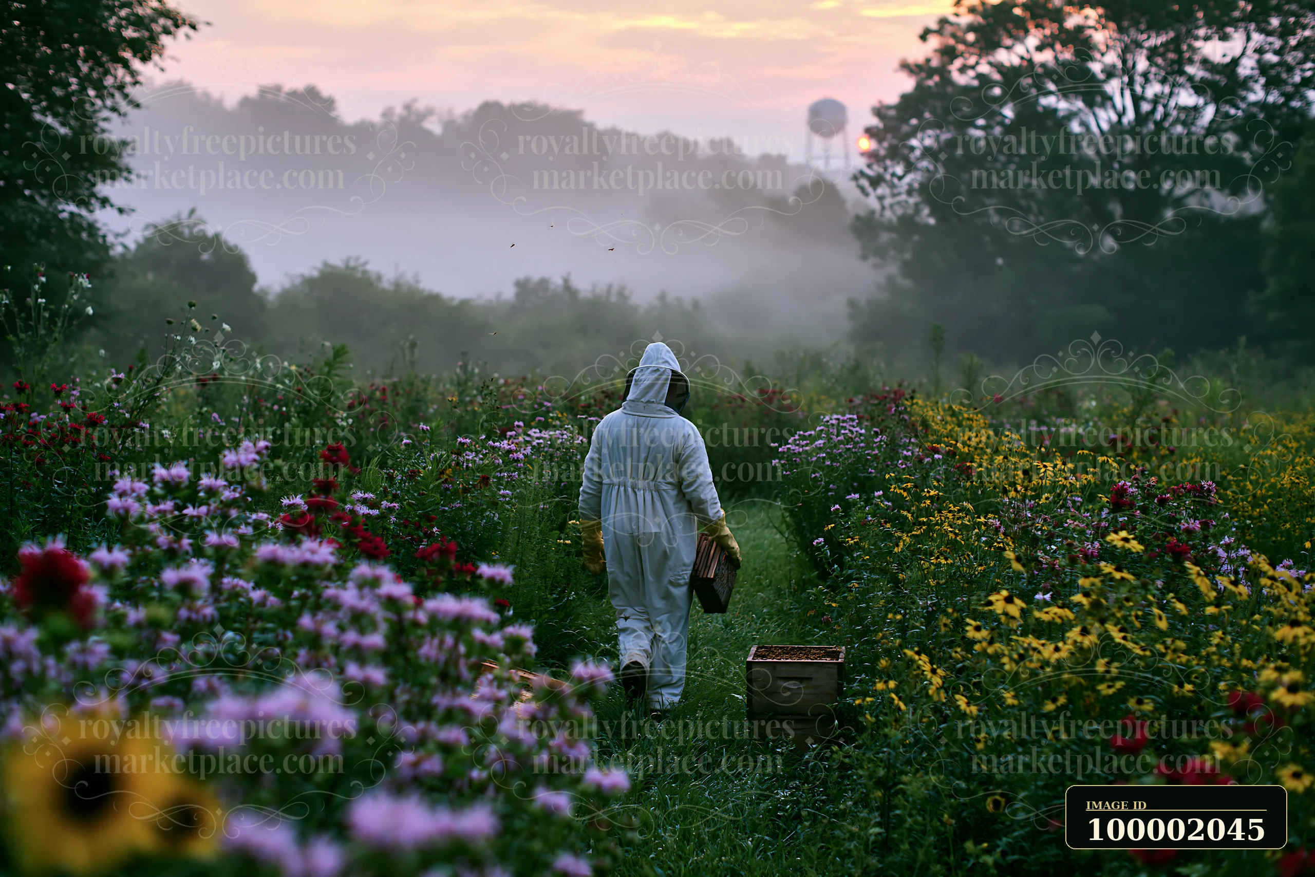 A person in a white suit walks through a flower-filled meadow at sunrise.