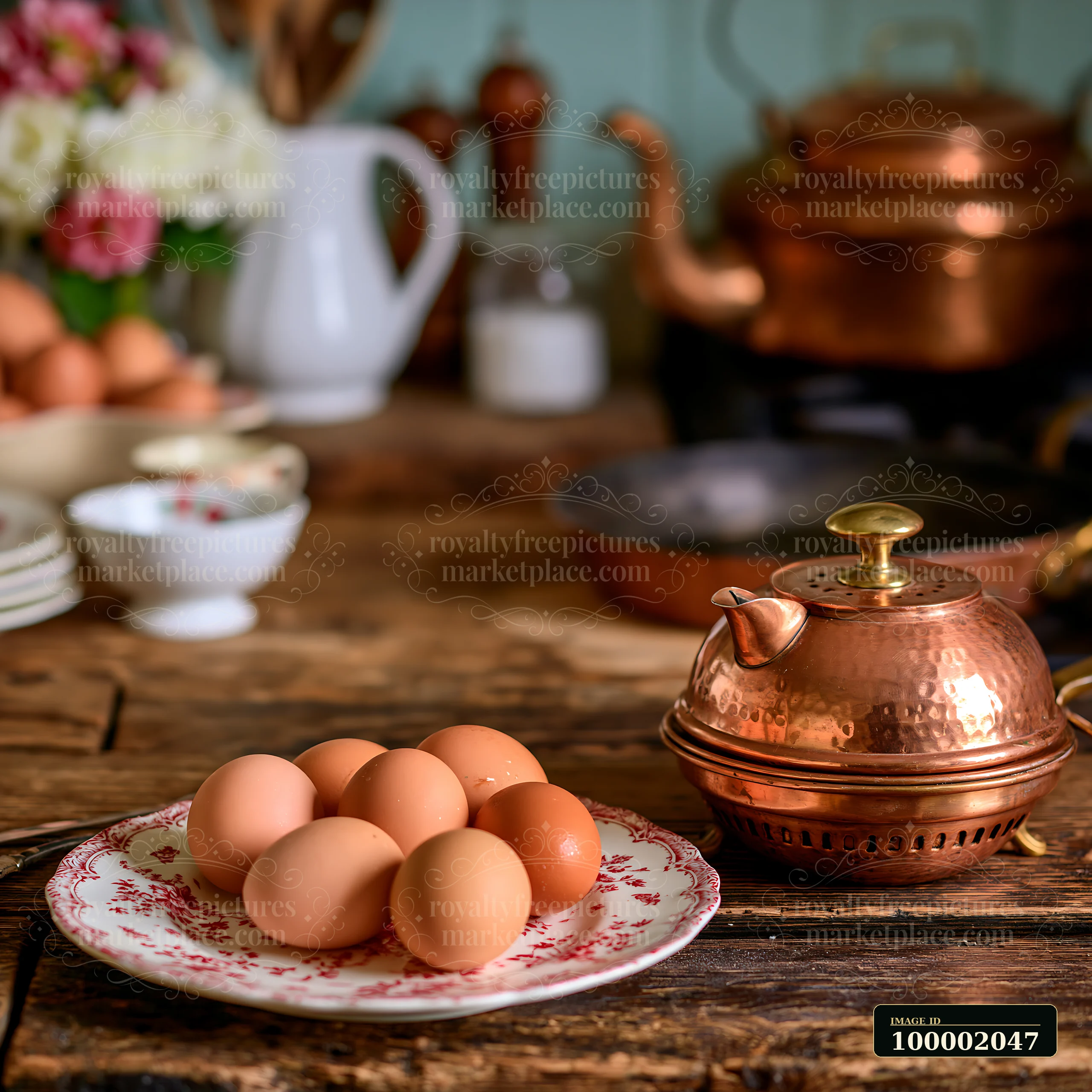 A farmhouse kitchen features a wooden table with a plate of fresh eggs and a copper kettle.