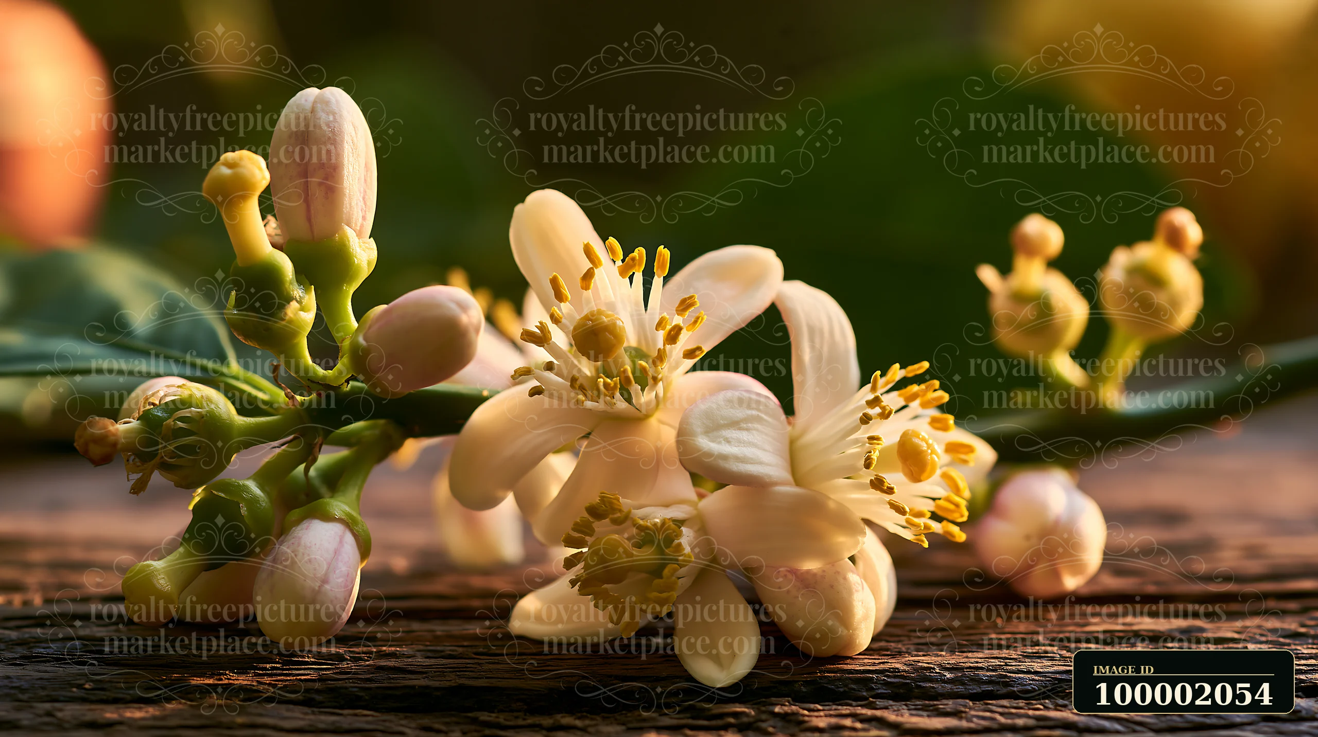 Lemon tree blossoms in sunlight show delicate white flowers with yellow centers resting on a wooden surface.