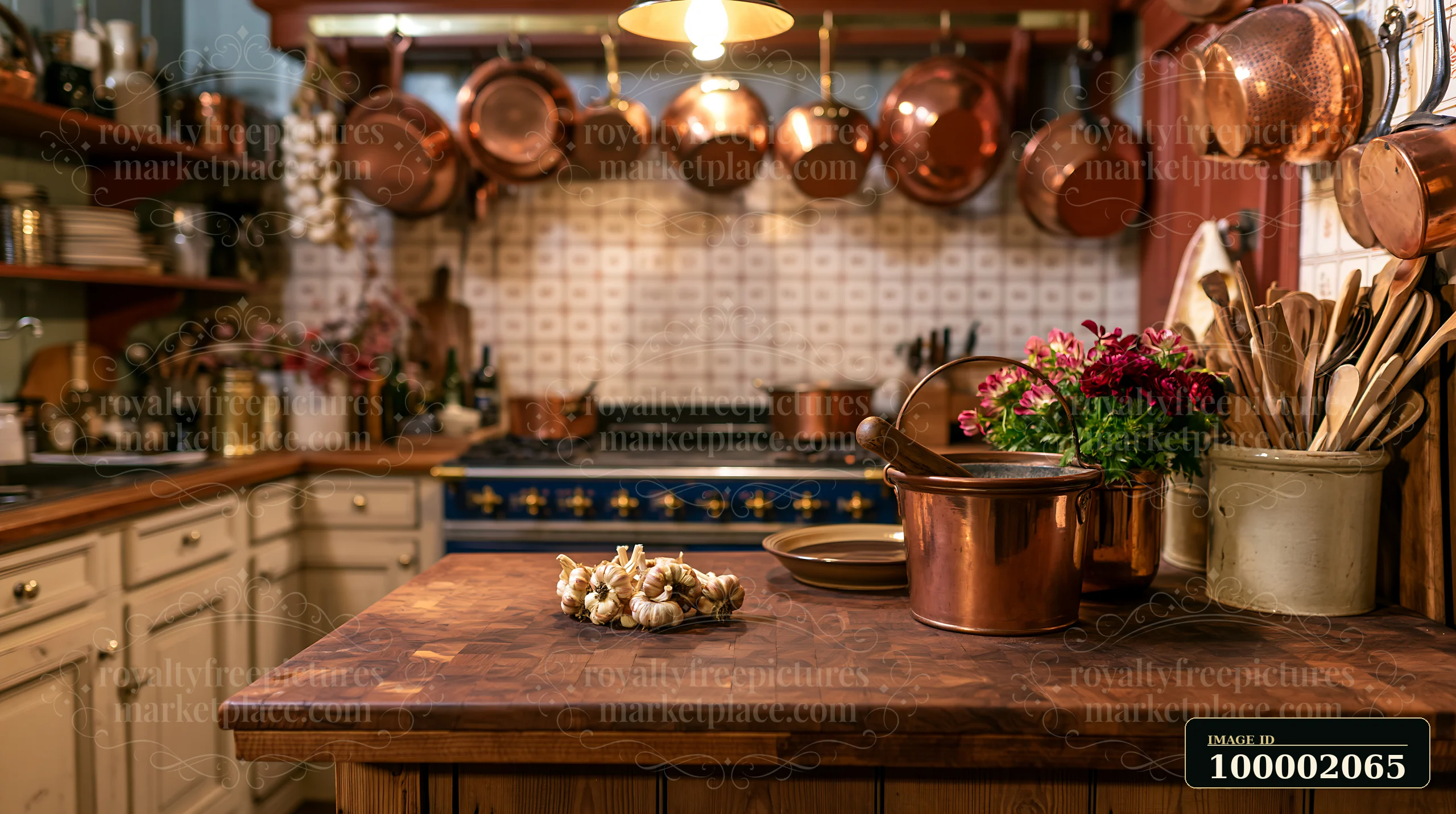 A rustic kitchen features a wooden countertop with garlic and copper cookware hanging above.