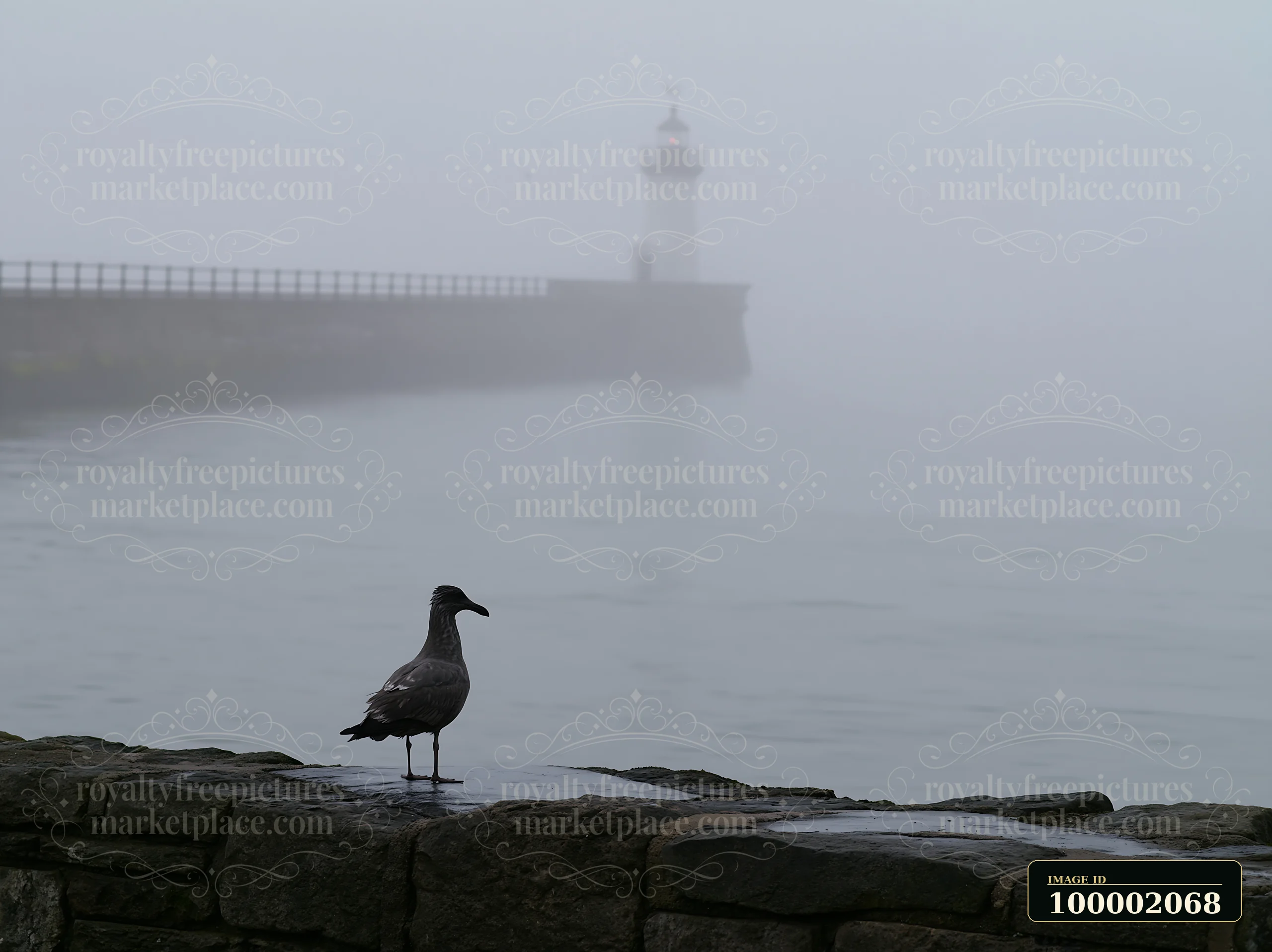 A seagull perches on a stone wall beside a lighthouse in heavy ocean fog.