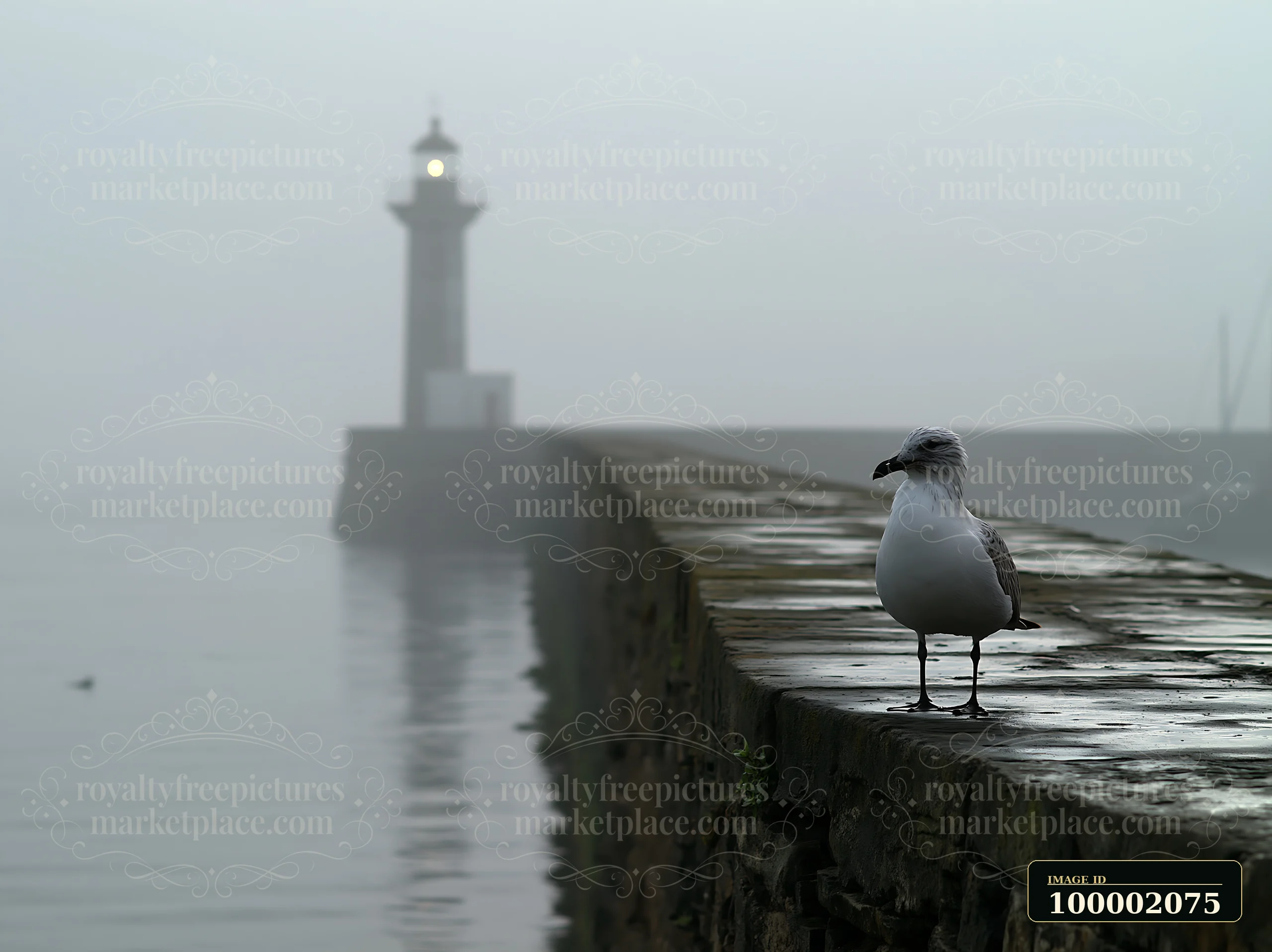 A seagull stands on a wet pier with a lighthouse visible in the background, partially obscured by heavy ocean fog.