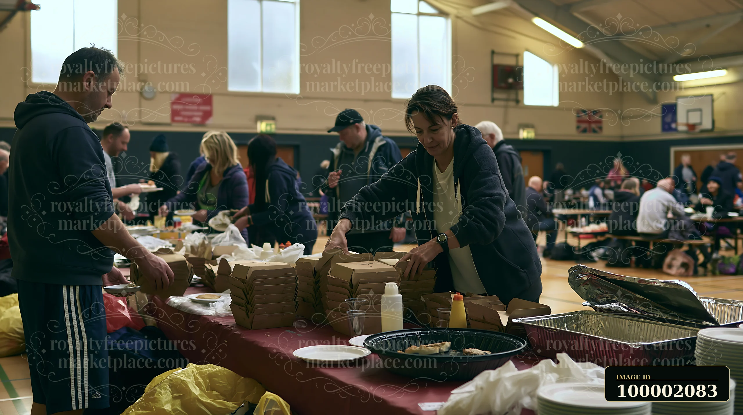 Volunteers prepare and serve food at a charity event buffet in a community hall.
