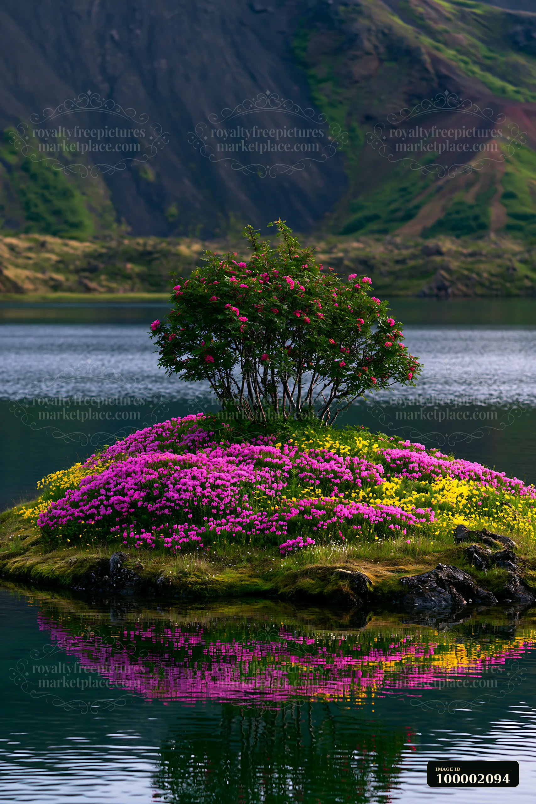 A small island covered with colorful flowers sits in still waters with a mountain backdrop.