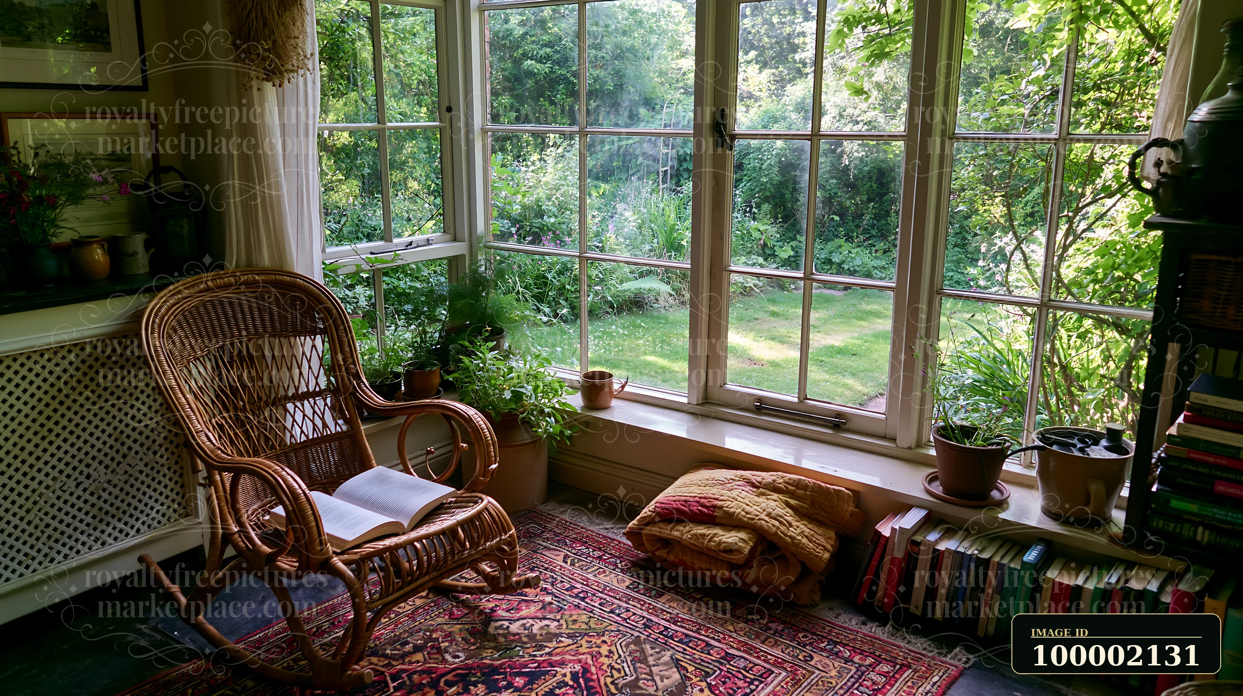 This cozy reading corner in cottage features a rocking chair by large windows, overlooking a green garden.