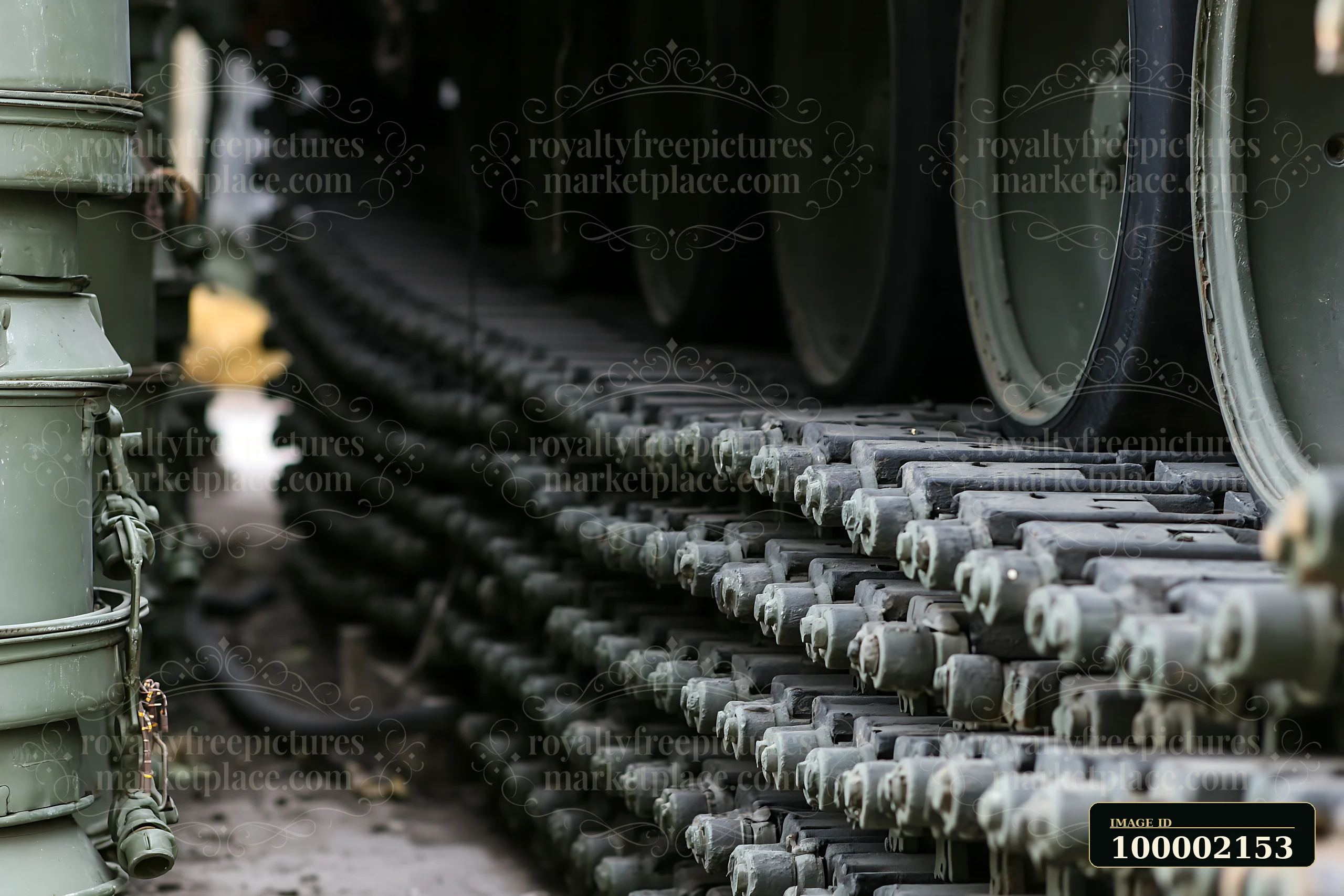 Panzer tank tracks close-up shows the arrangement and texture of the tracks and wheels.