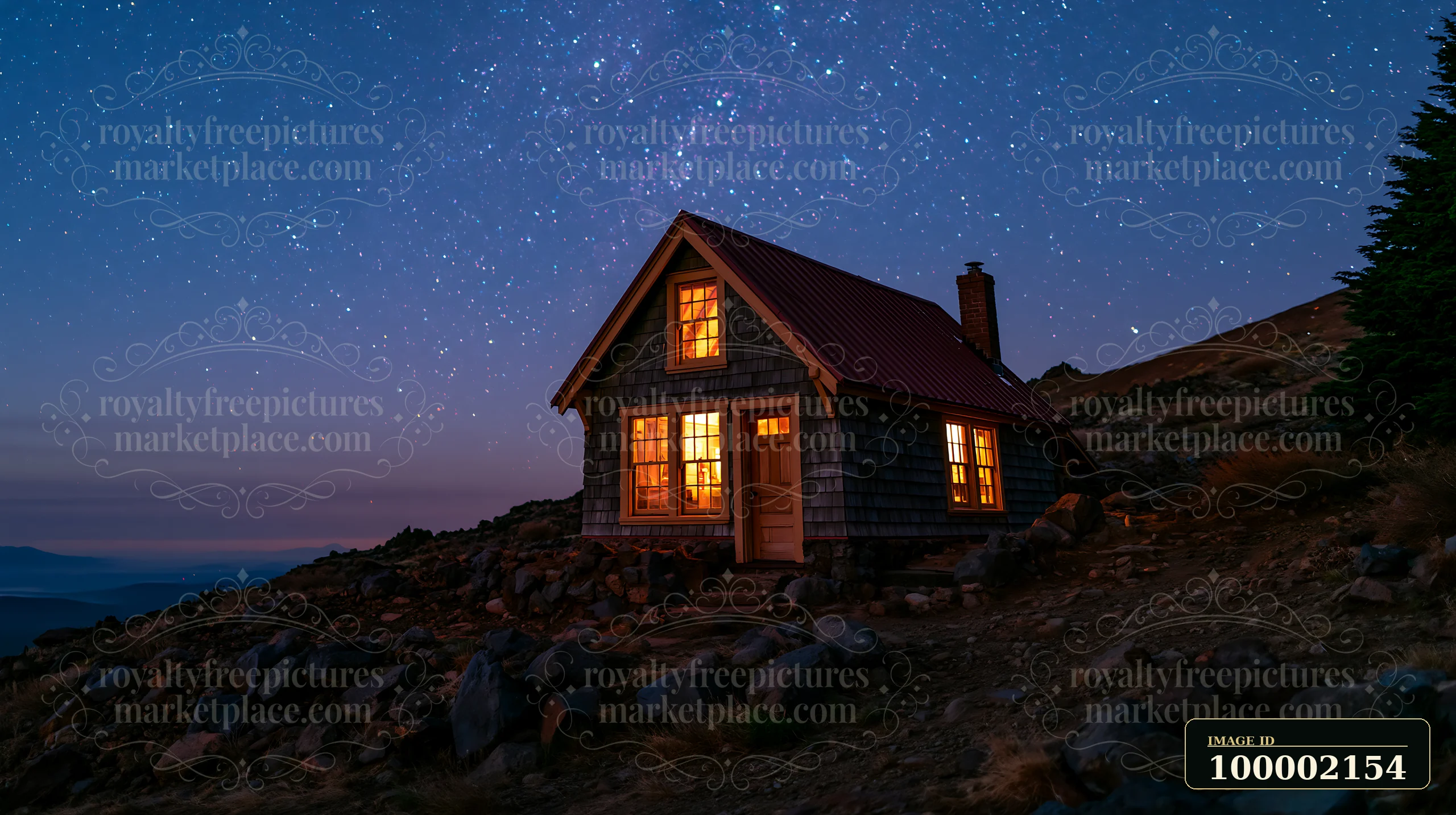 A small cabin with glowing windows sits on rocky terrain beneath a starry sky.