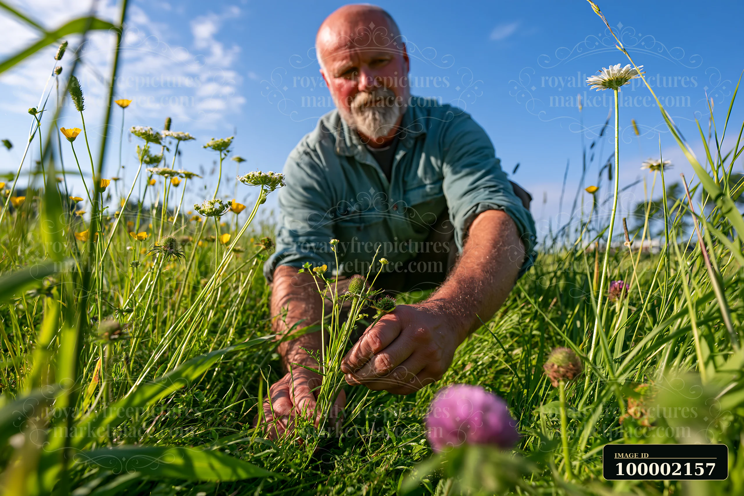 A farmer inspecting meadow crops in a sunny field.