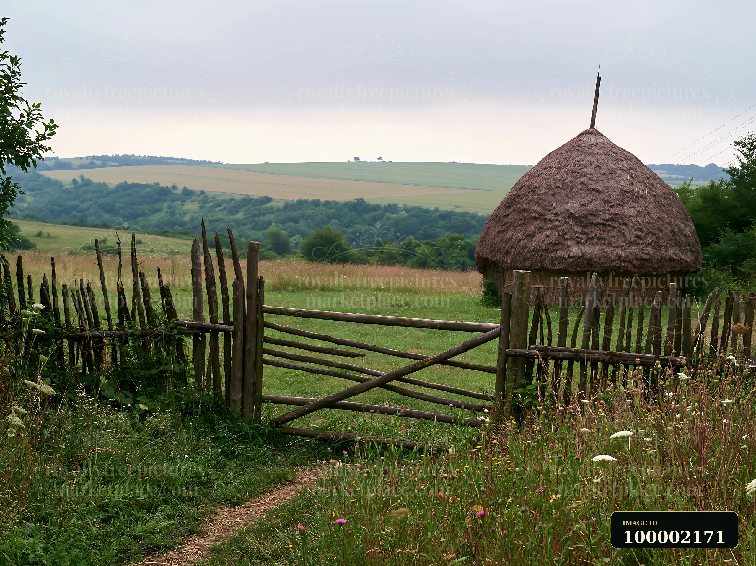 A wooden gate opens to a meadow with traditional haystack in the distance.