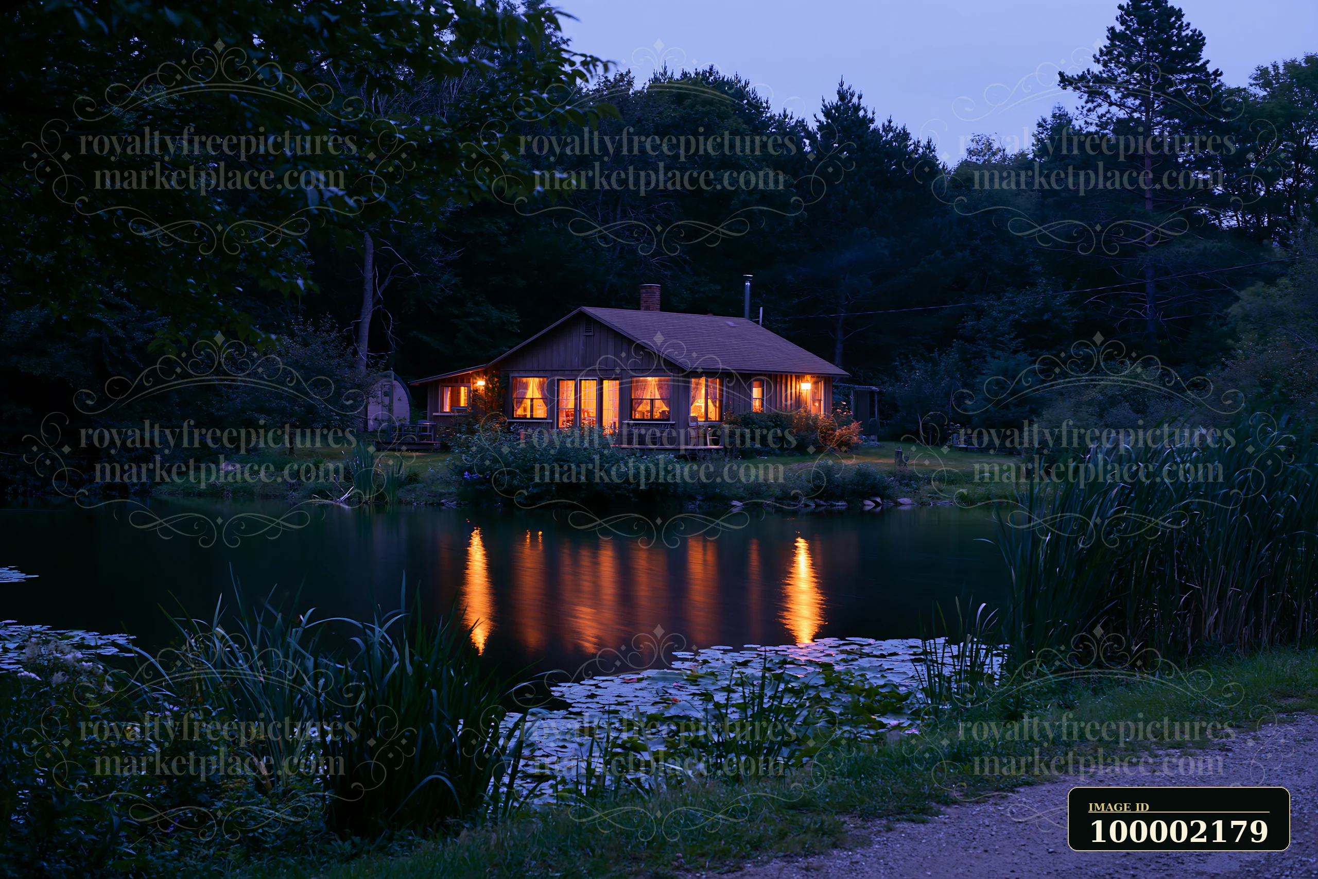 A house beside a pond at night shows warm light shining from the windows, surrounded by trees and grass.
