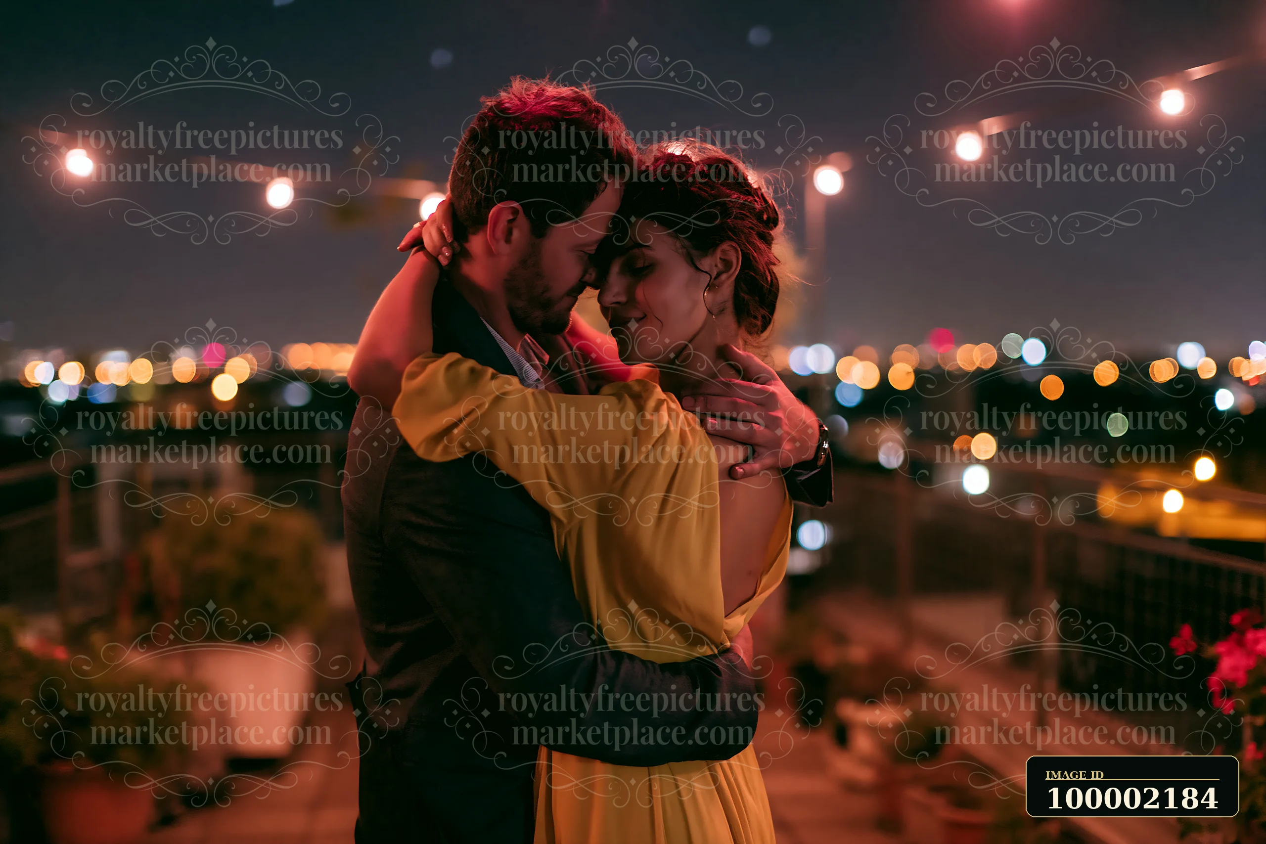 A couple dances under stars outdoors on a rooftop, surrounded by city lights and soft glowing string lights.